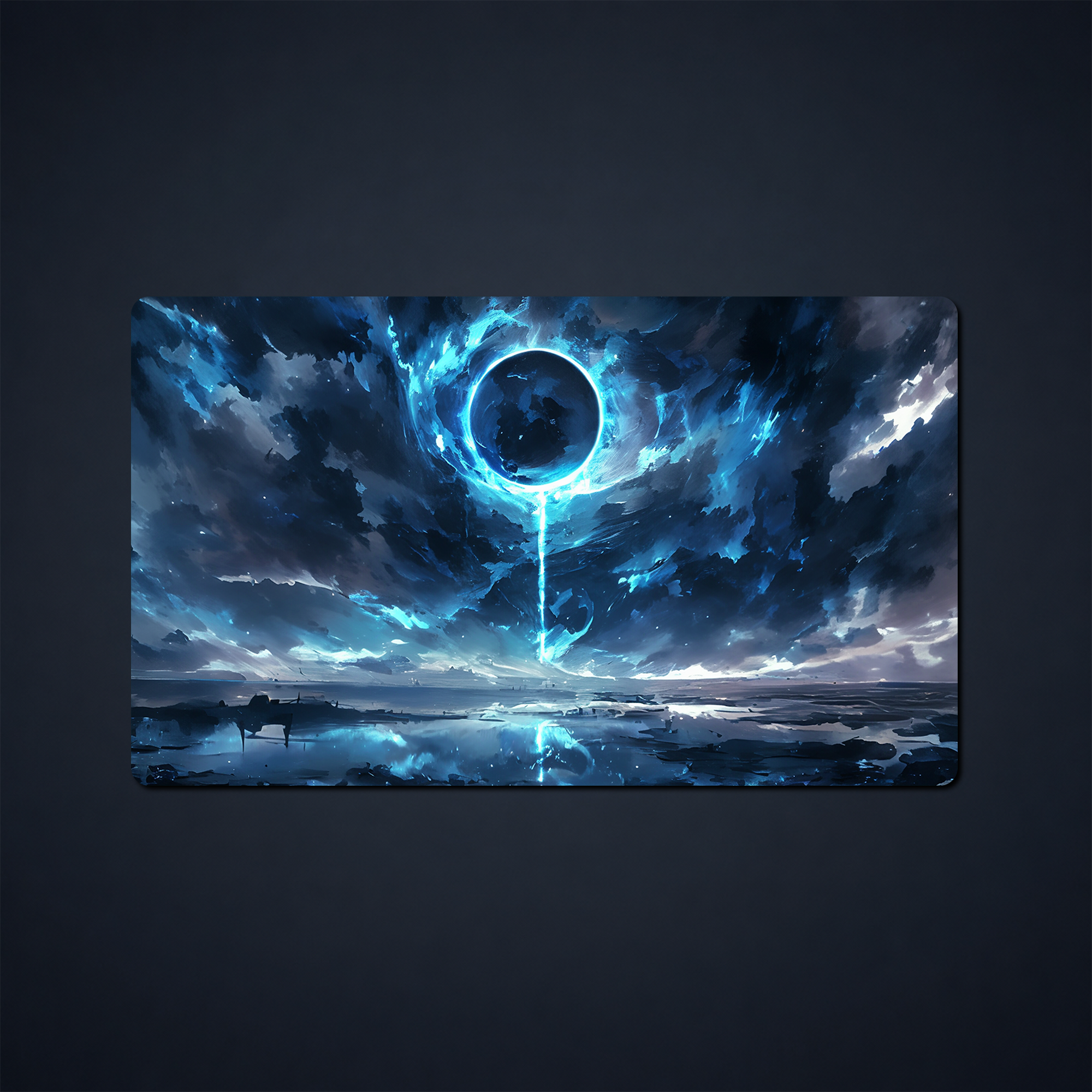Blue fantasy playmat showing a glowing orb above an icy landscape under swirling clouds