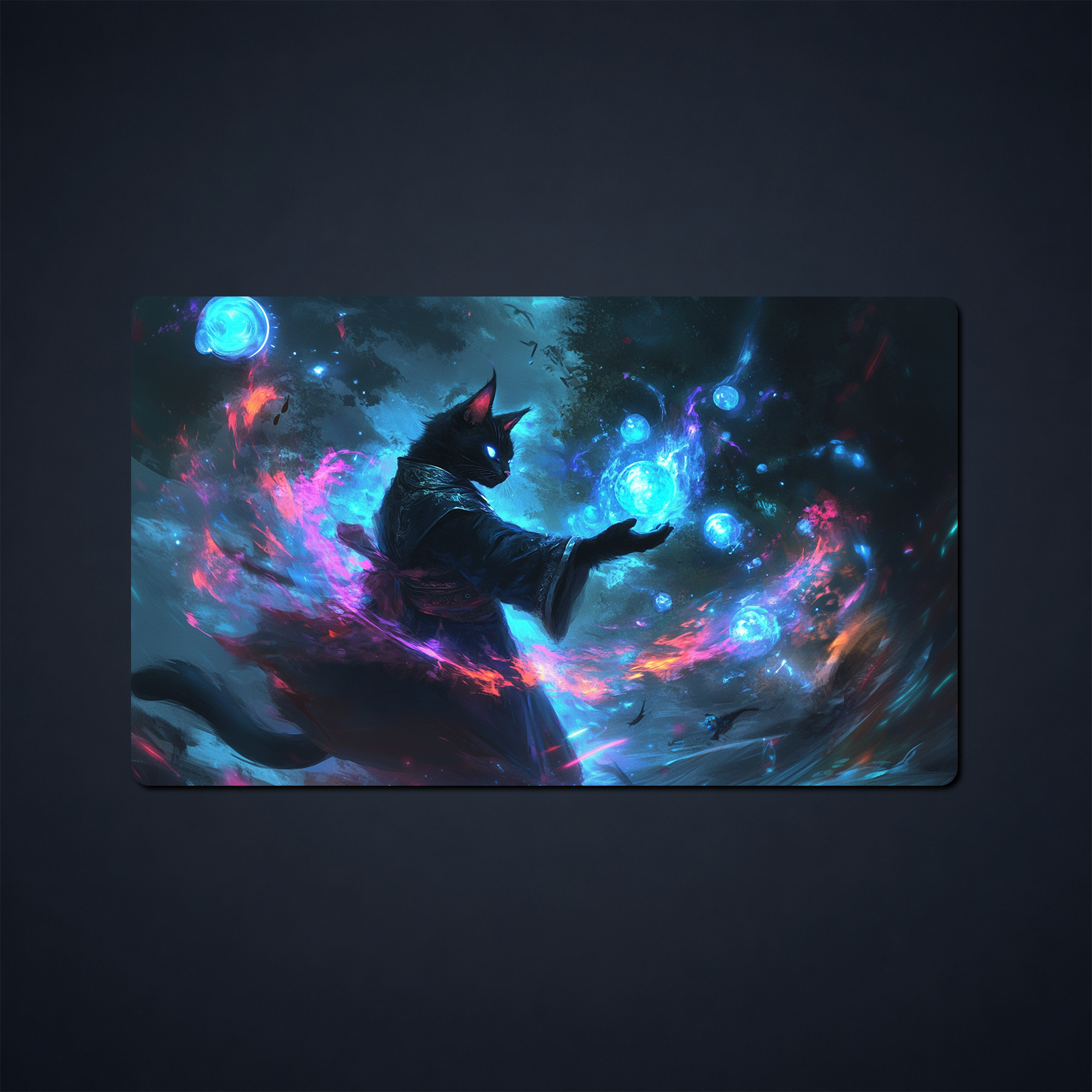 Fantasy playmat showing a black cat-like spellcaster surrounded by glowing blue orbs and colorful magical energy