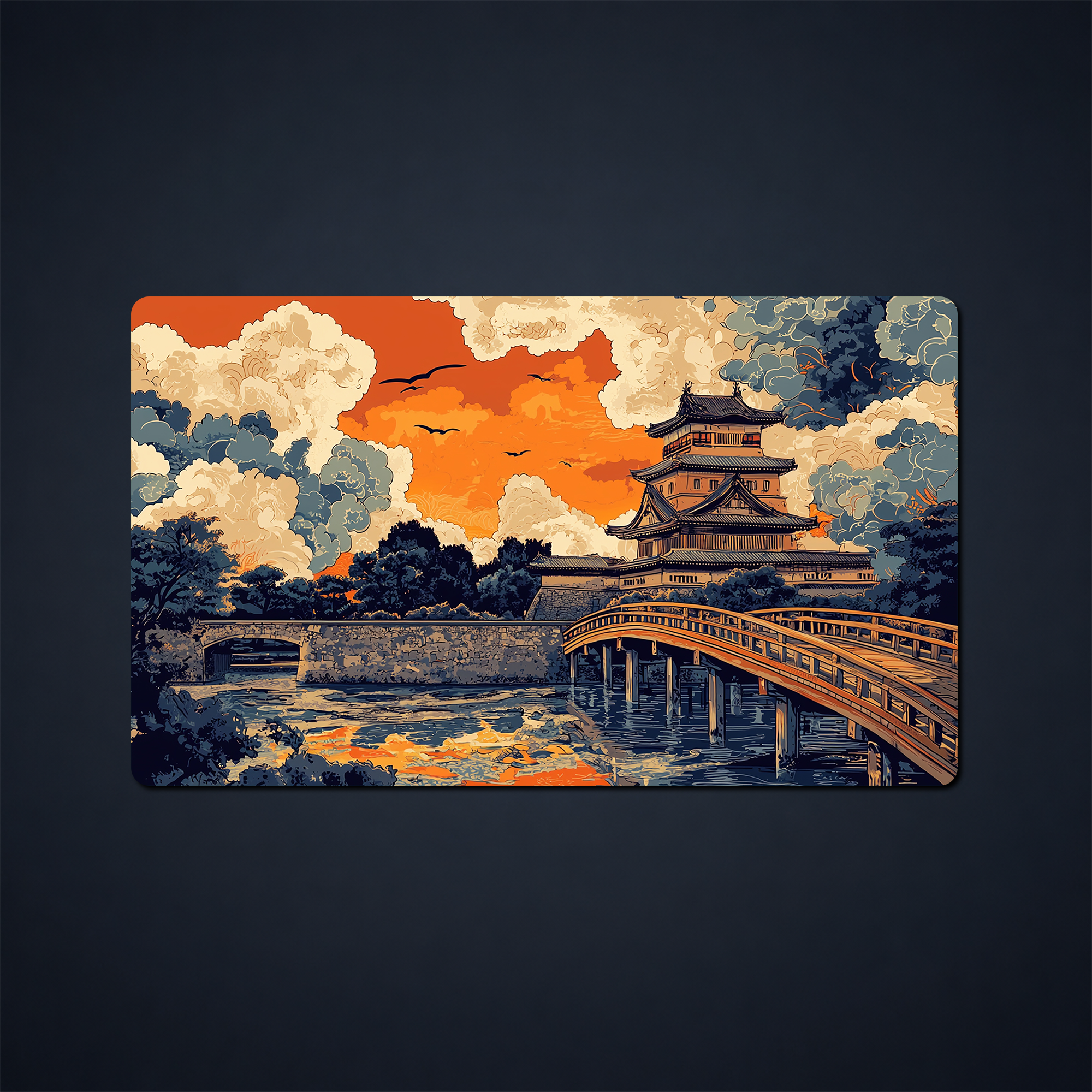 Playmat showing a Japanese-style castle and arched bridge over water beneath orange clouds