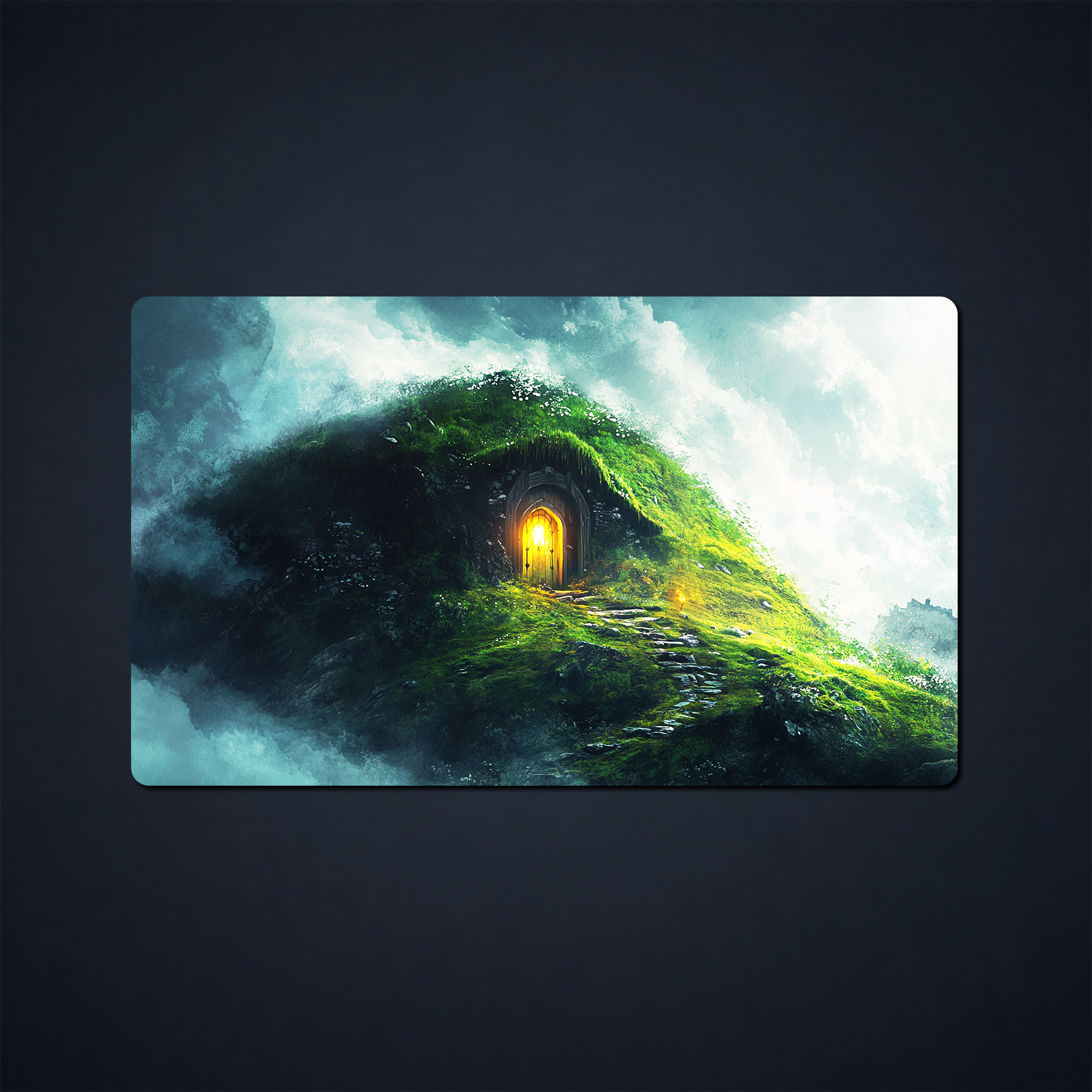 Fantasy playmat showing a glowing doorway in a moss-covered hillside beneath dramatic clouds