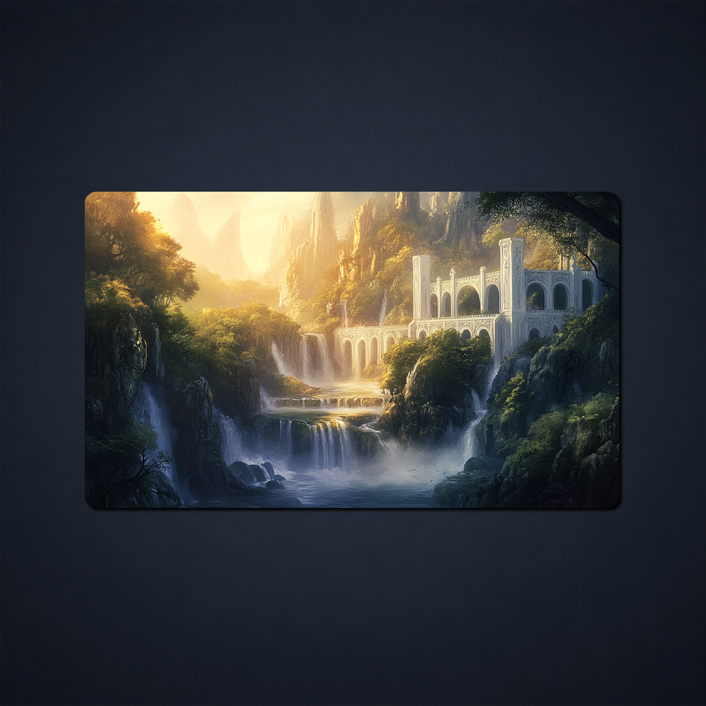 Rivendell-inspired fantasy playmat showing a sunlit white arched city, waterfalls, cliffs, and forest