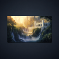 Rivendell-inspired fantasy playmat showing a sunlit white arched city, waterfalls, cliffs, and forest
