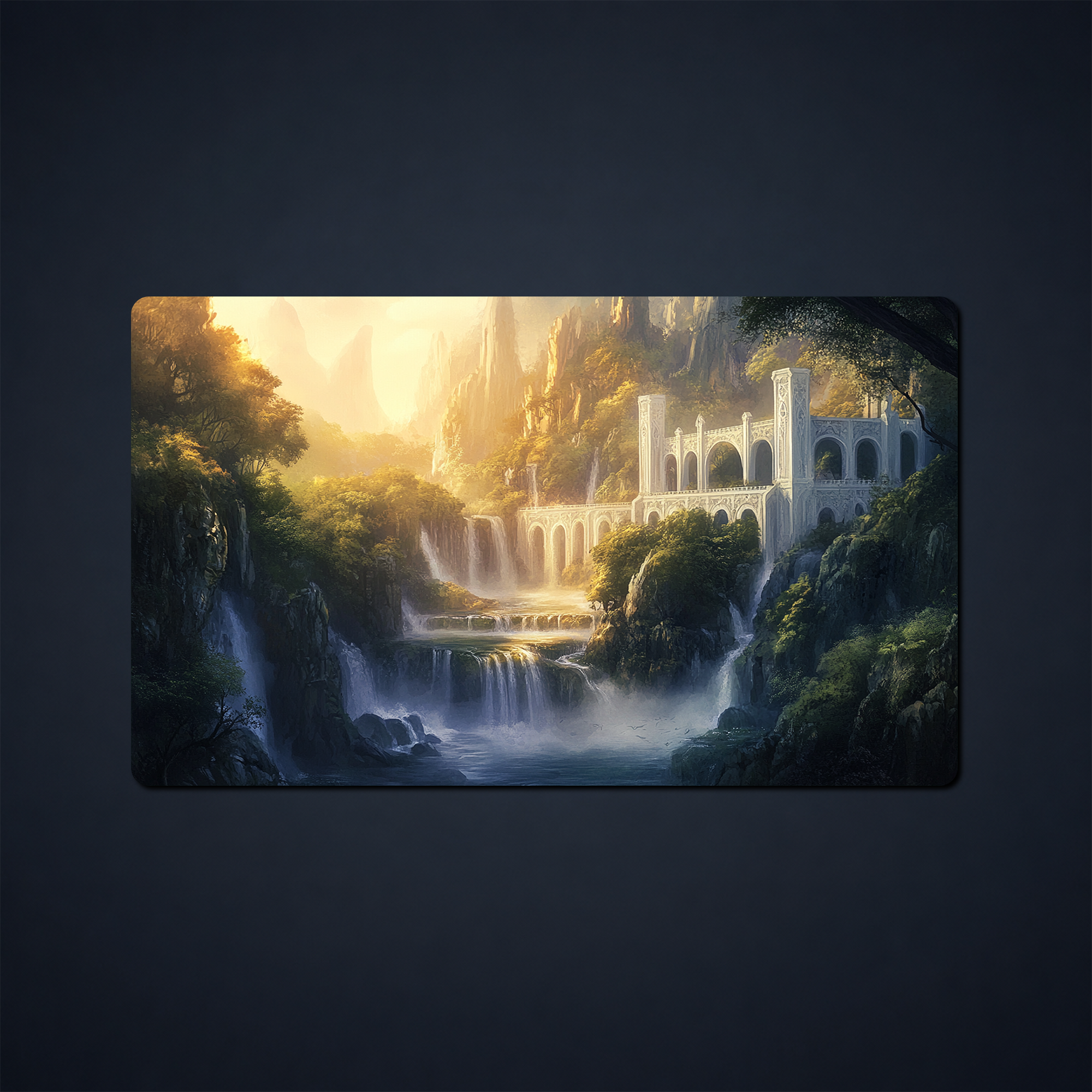 Rivendell-inspired fantasy playmat showing a sunlit white arched city, waterfalls, cliffs, and forest