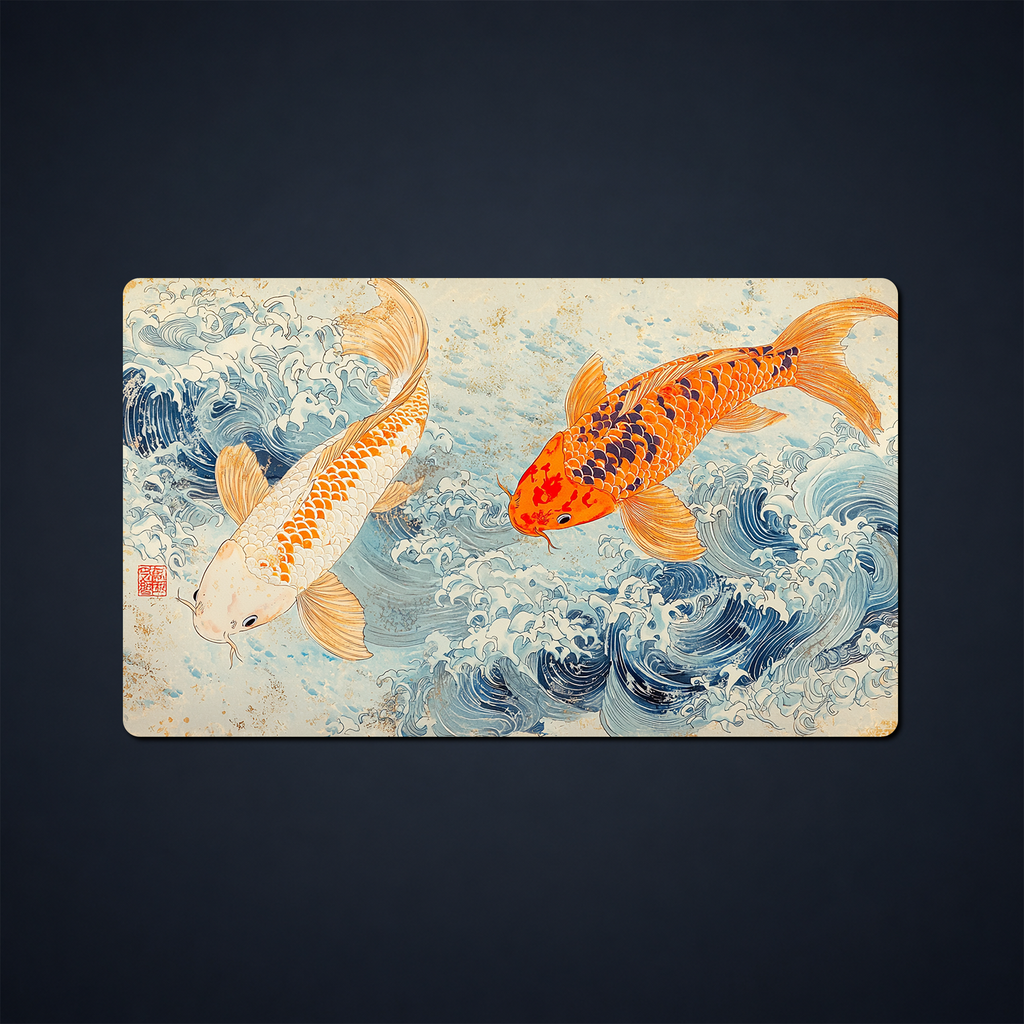 Koi and stylized ocean wave artwork on a rectangular trading card playmat