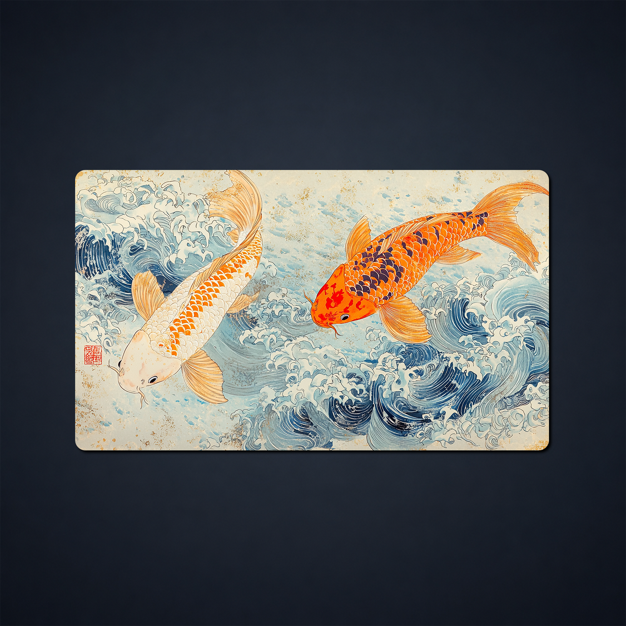 Koi and stylized ocean wave artwork on a rectangular trading card playmat