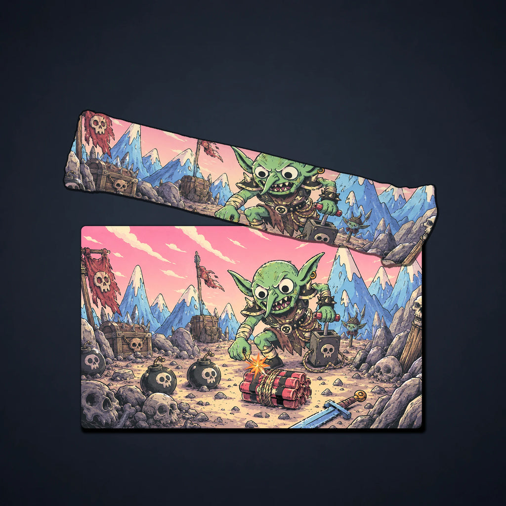 Goblin battlefield playmat shown with a matching illustrated velvet storage bag on a dark background