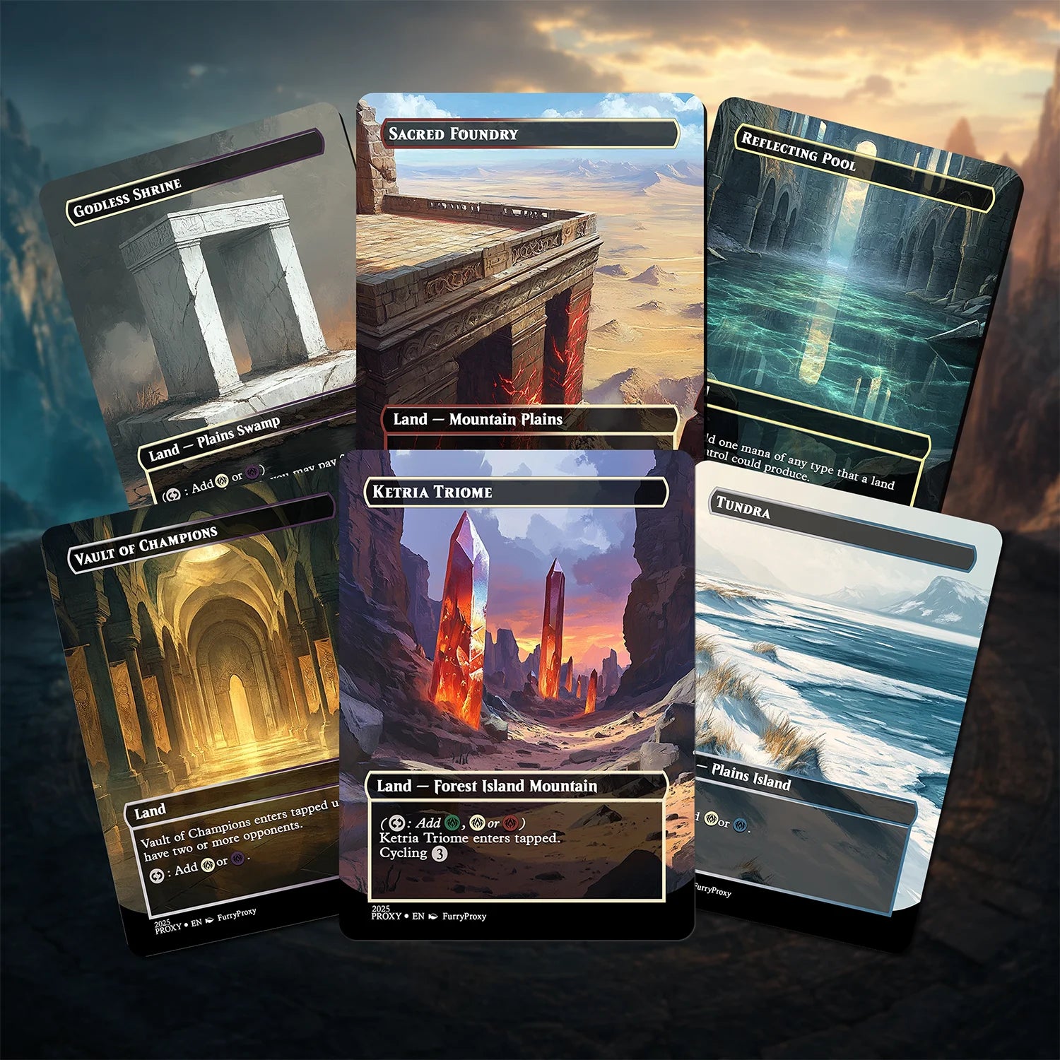 Complete MTG proxy land bundle featuring full-art shock, dual, fetch, triome, and bond lands with five bonus cards.