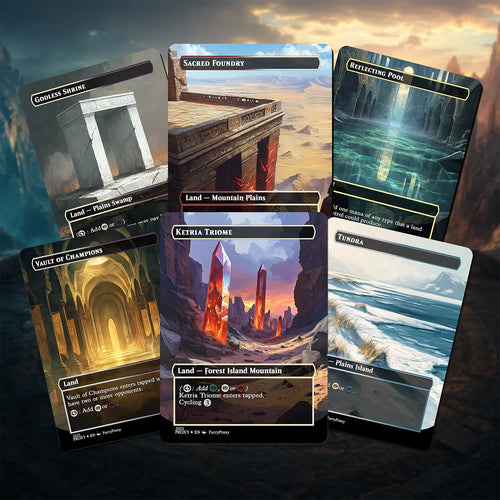 Complete MTG proxy land bundle featuring full-art shock, dual, fetch, triome, and bond lands with five bonus cards.