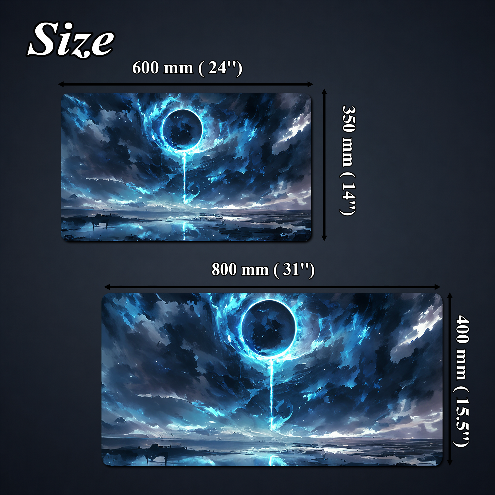 Blue orb fantasy playmat shown with 600 by 350 millimeter and 800 by 400 millimeter size graphics