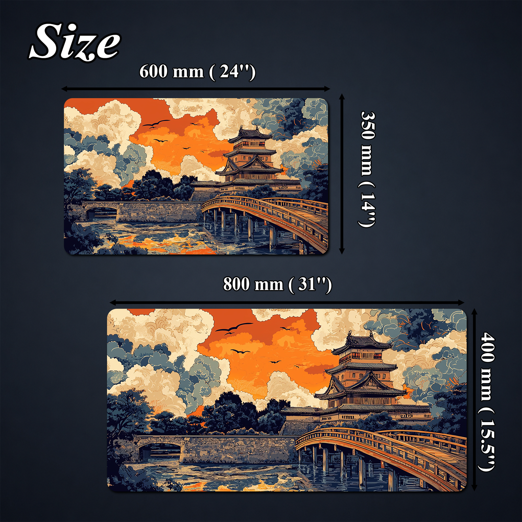Japanese-style castle and bridge playmat shown with two illustrated size diagrams
