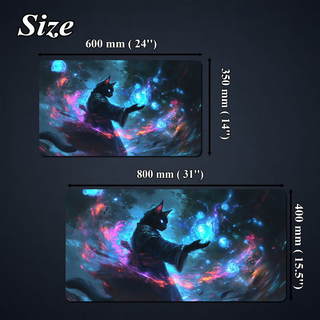 Playmat artwork shown with size comparison graphics and two illustrated proportions