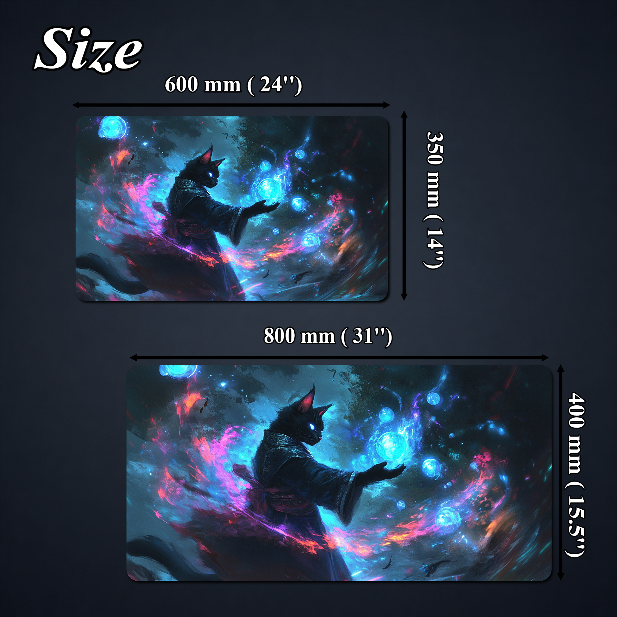 Playmat artwork shown with size comparison graphics and two illustrated proportions