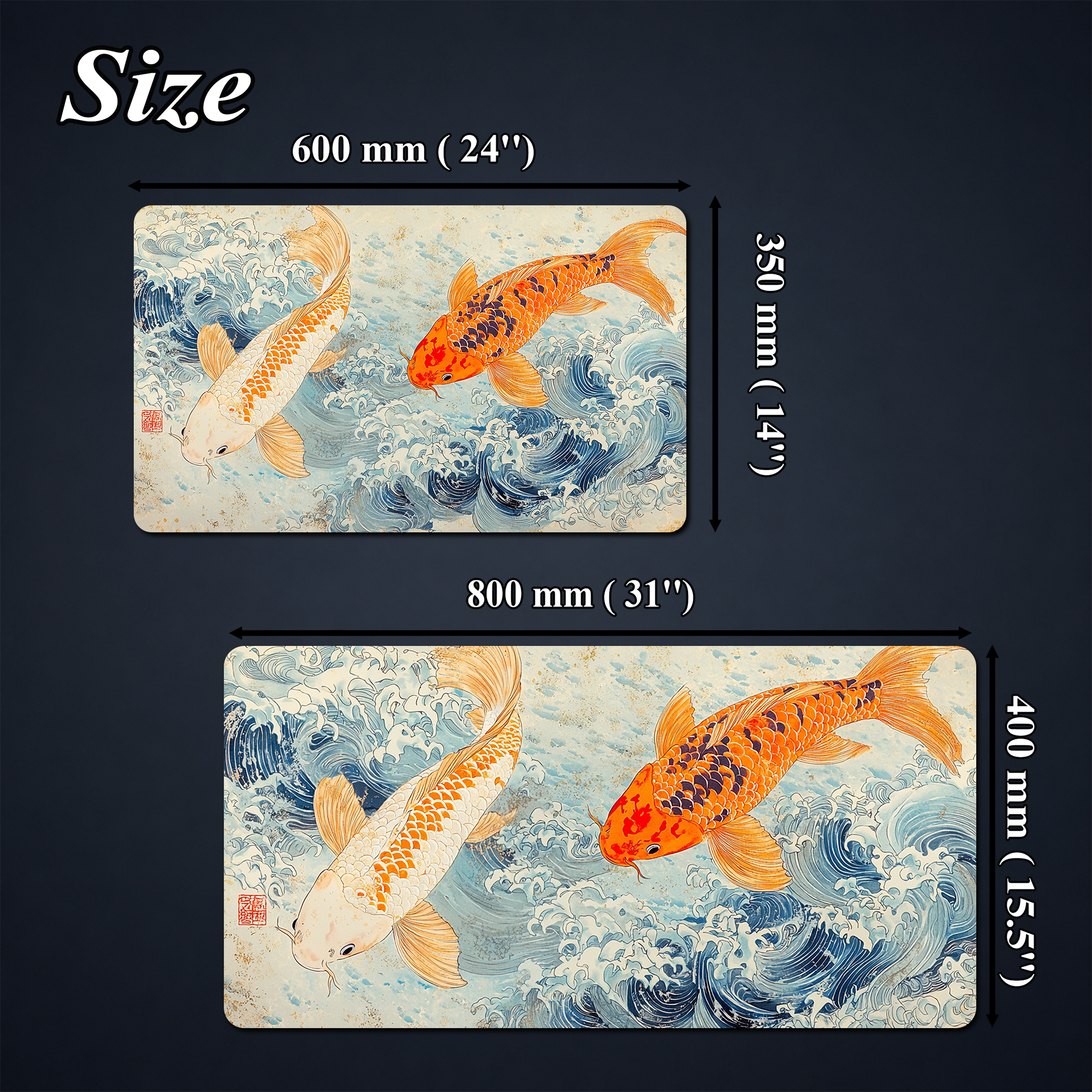 Trading card playmat size reference showing labeled 600 mm and 800 mm width options