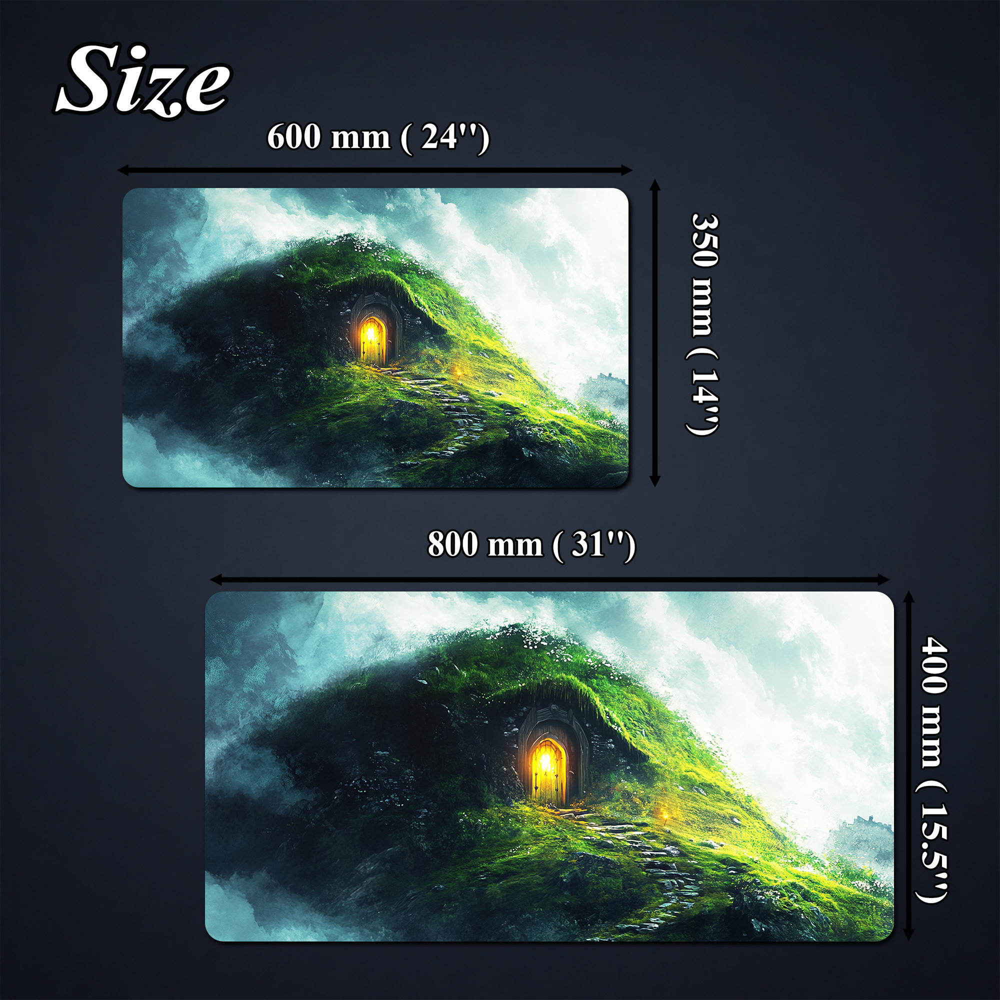 Fantasy hillside doorway playmat shown with two available size diagrams