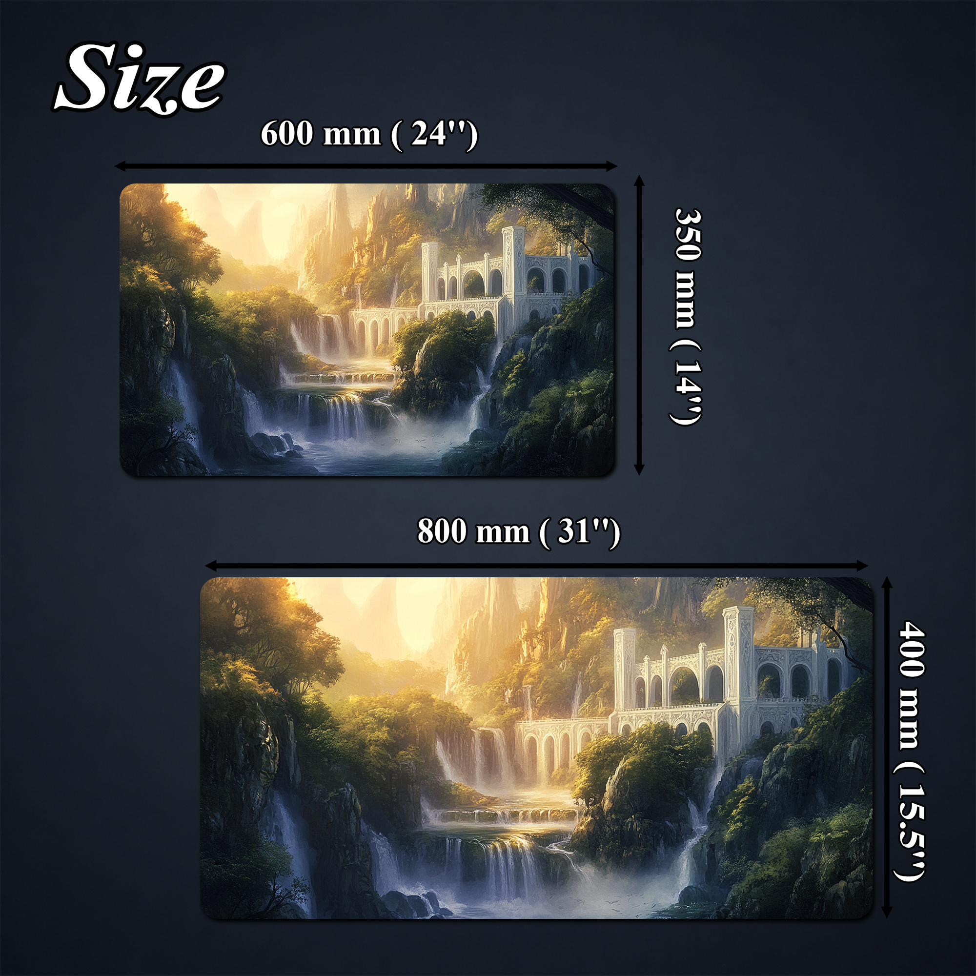 Rivendell-inspired playmat artwork shown with two illustrated size comparison outlines