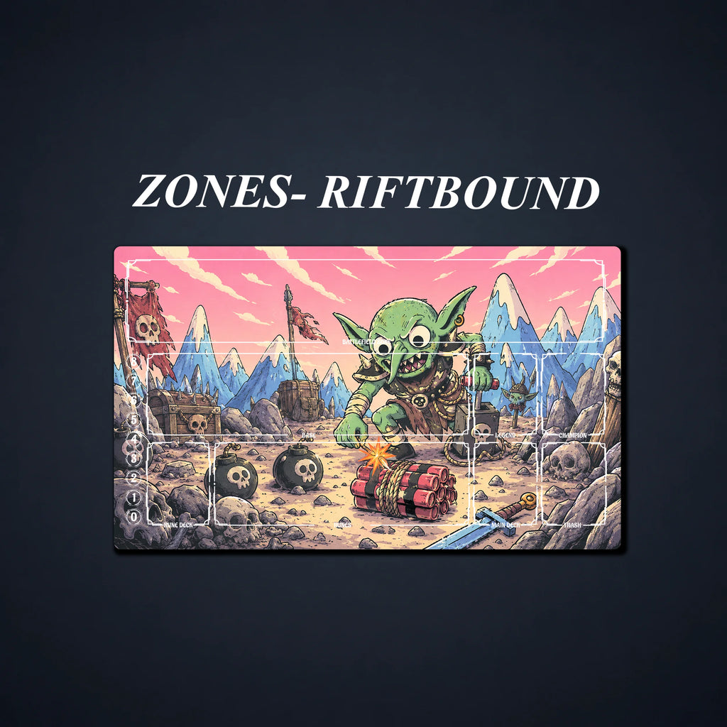 Goblin playmat displayed with white Riftbound card zone guides over the illustrated battlefield