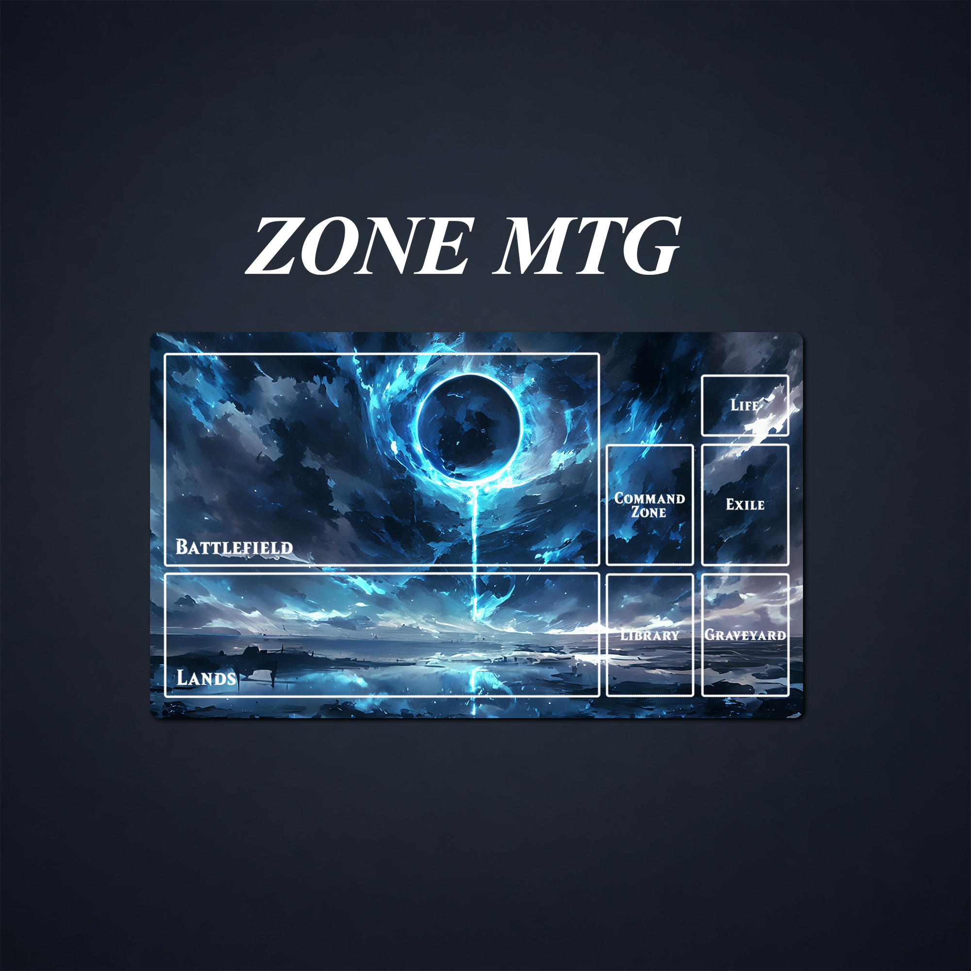 Blue fantasy MTG playmat with labeled battlefield, lands, command, exile, library, and graveyard zones