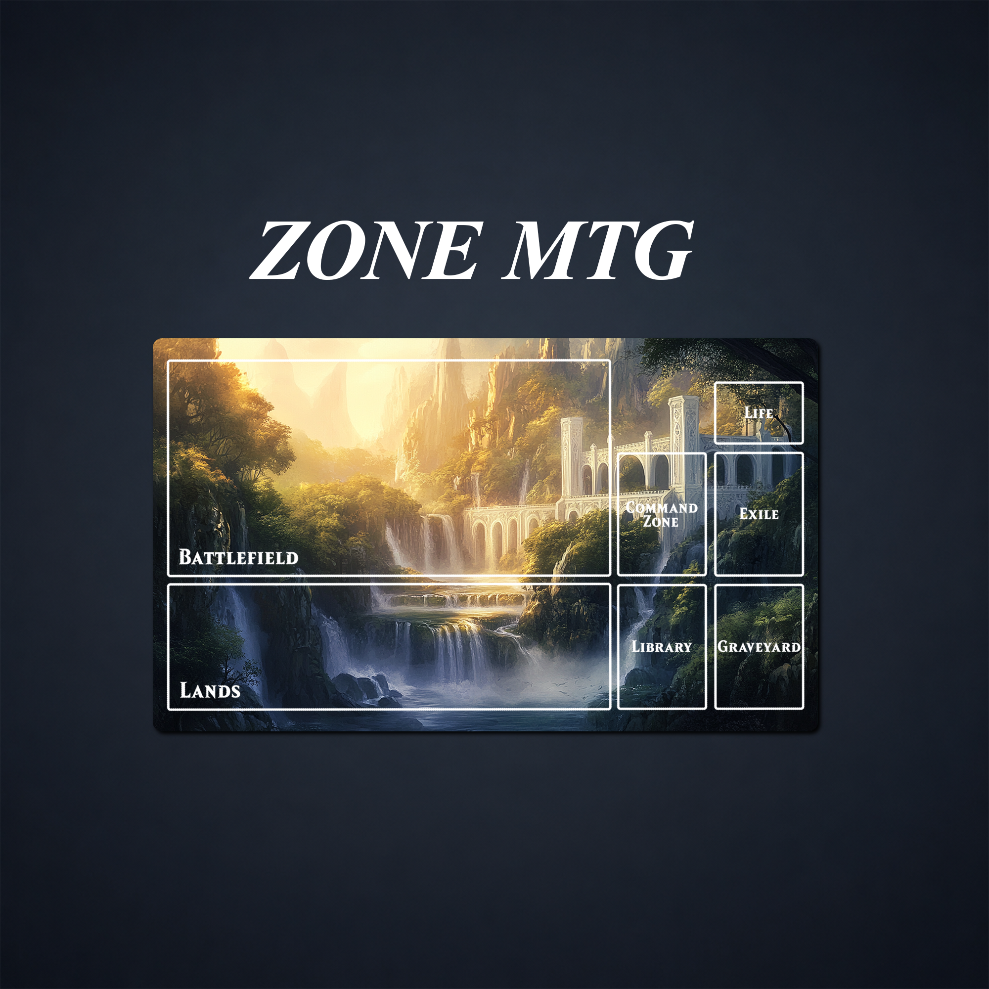 Rivendell-inspired MTG playmat with labeled battlefield, lands, command zone, exile, library, graveyard, and life areas