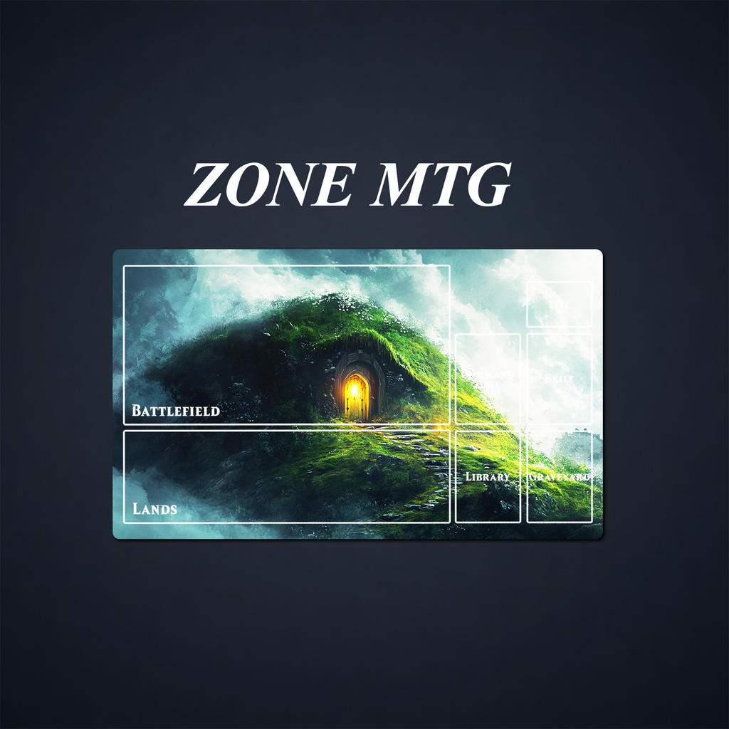 Fantasy playmat with printed MTG-style zones over a glowing hillside doorway scene
