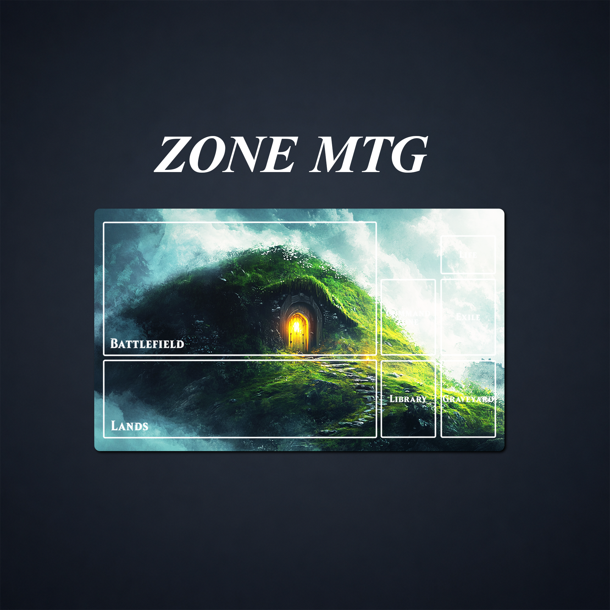 Fantasy playmat with printed MTG-style zones over a glowing hillside doorway scene