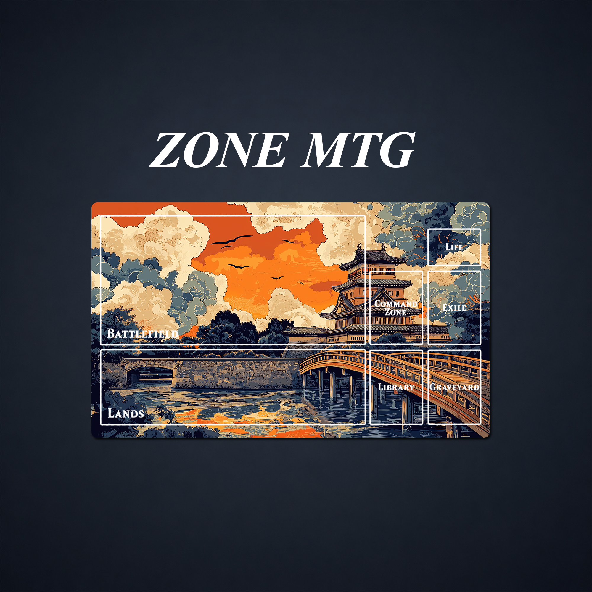 Japanese castle bridge artwork with labeled MTG battlefield, lands, command, and other zones