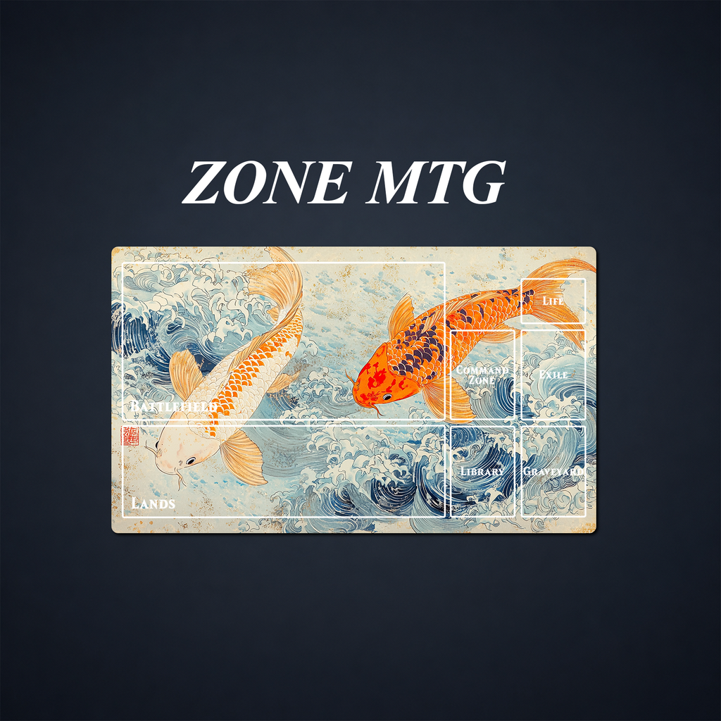 Trading card playmat artwork overlaid with labeled MTG play zones