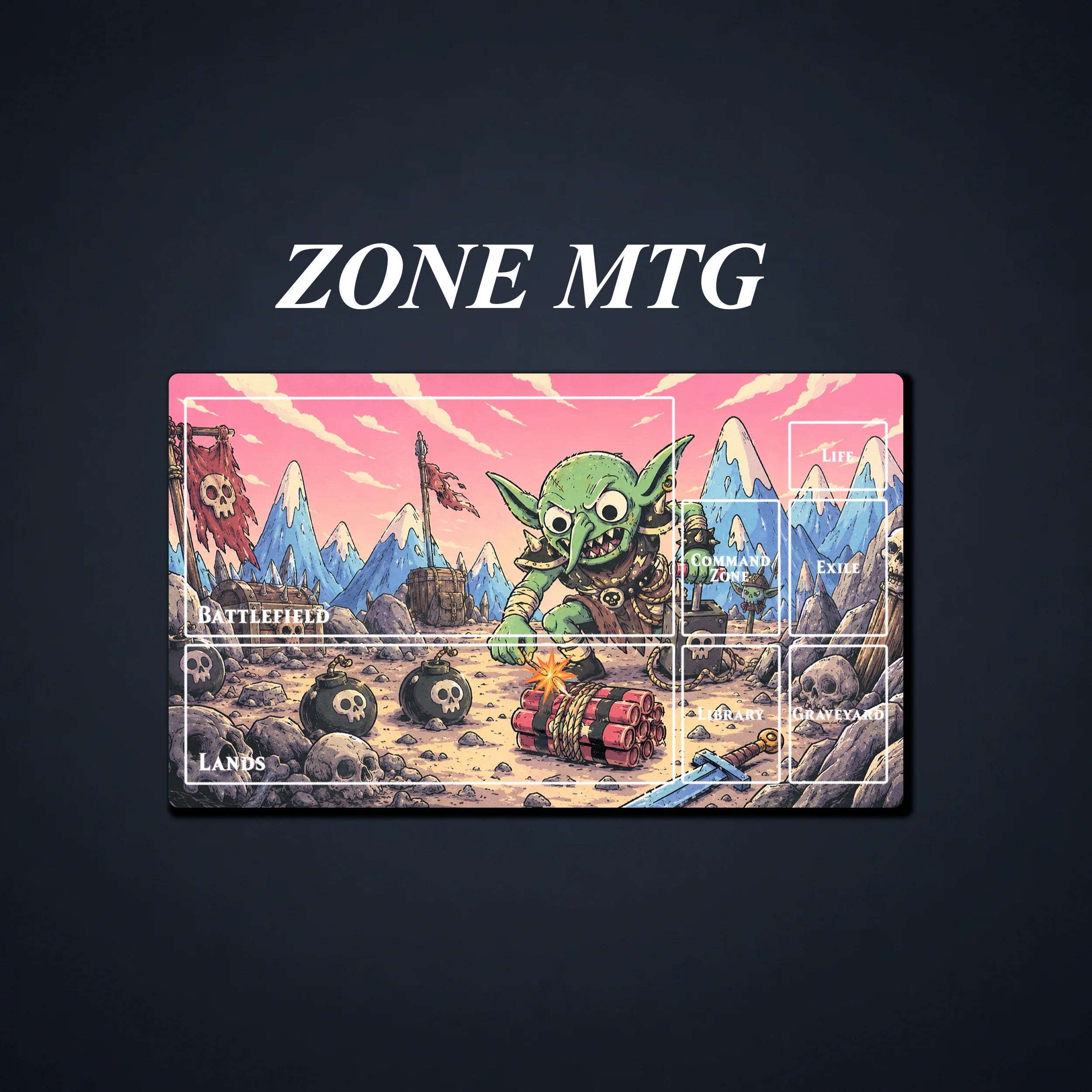 Goblin playmat displayed with white card zones labeled for MTG gameplay areas