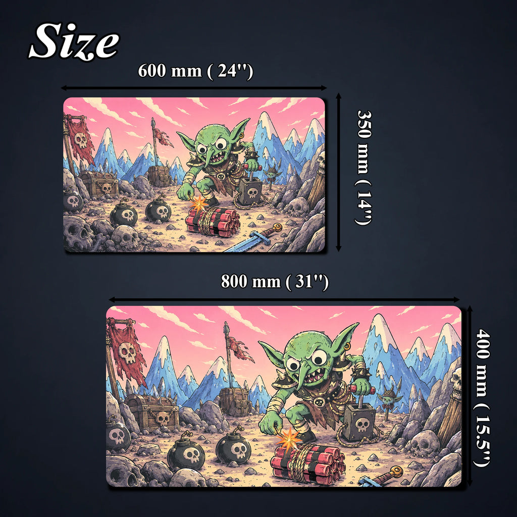 Size chart showing goblin playmat options at 600 by 350 mm and 800 by 400 mm