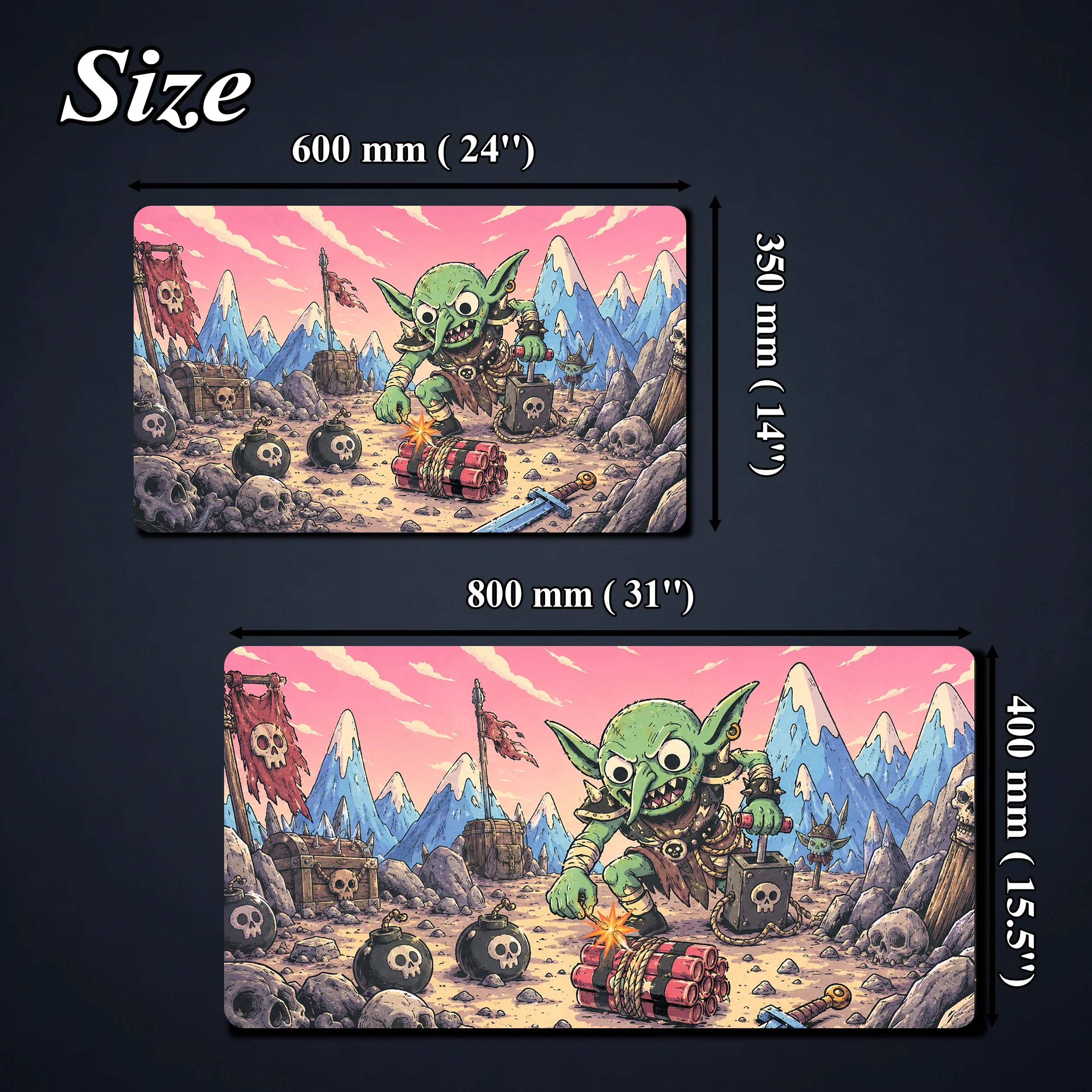 Size chart showing goblin playmat options at 600 by 350 mm and 800 by 400 mm