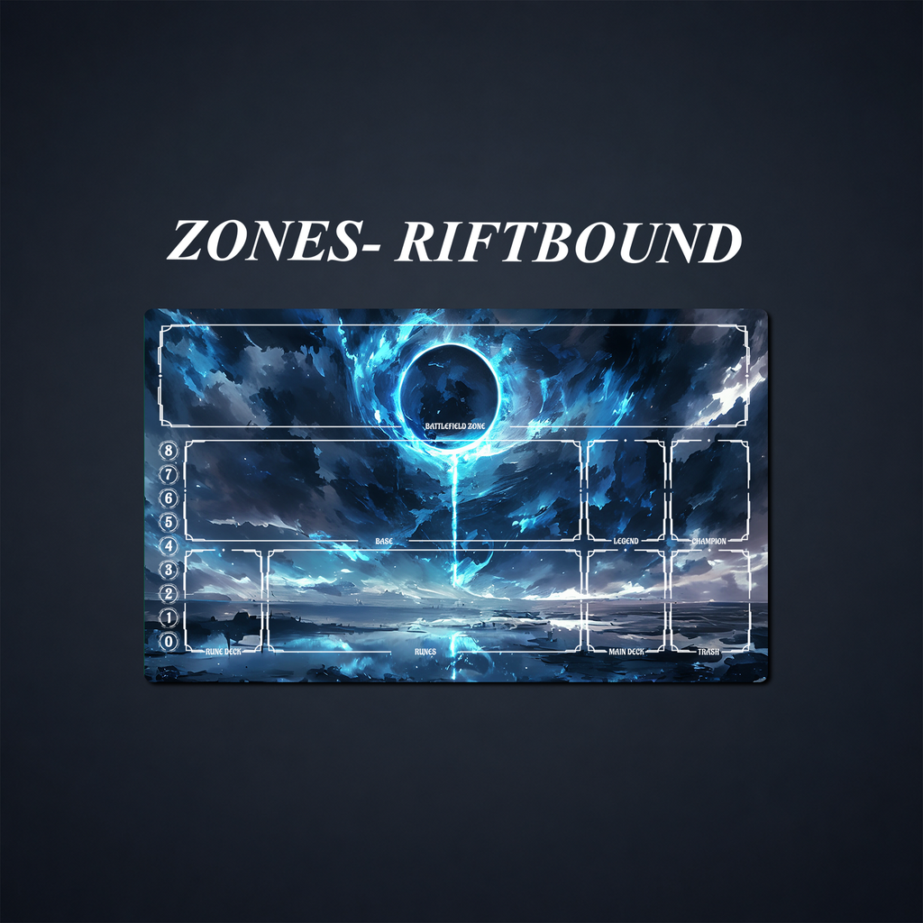 Blue fantasy card playmat with labeled Riftbound-style battlefield, deck, rune, legend, and trash zones