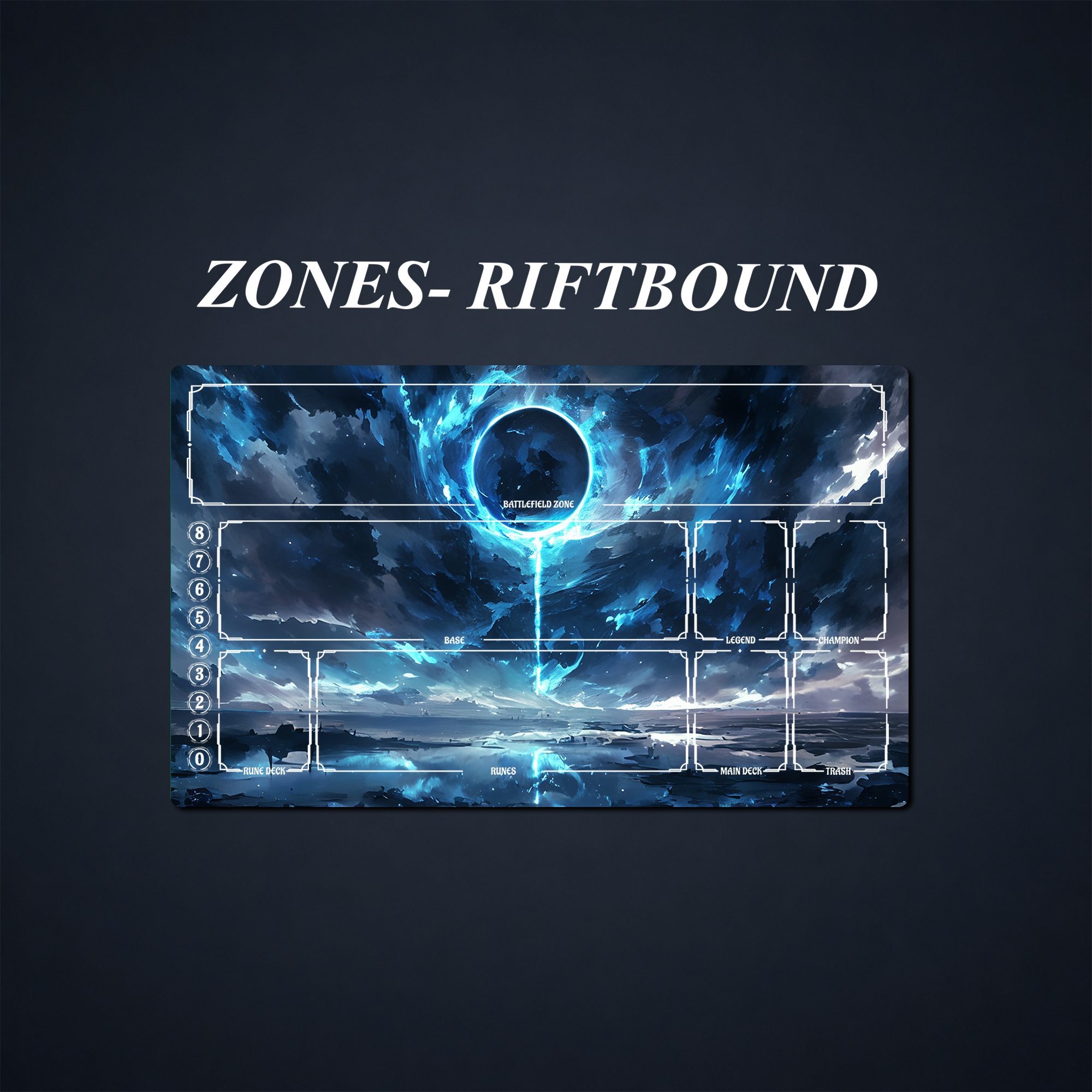 Blue fantasy card playmat with labeled Riftbound-style battlefield, deck, rune, legend, and trash zones