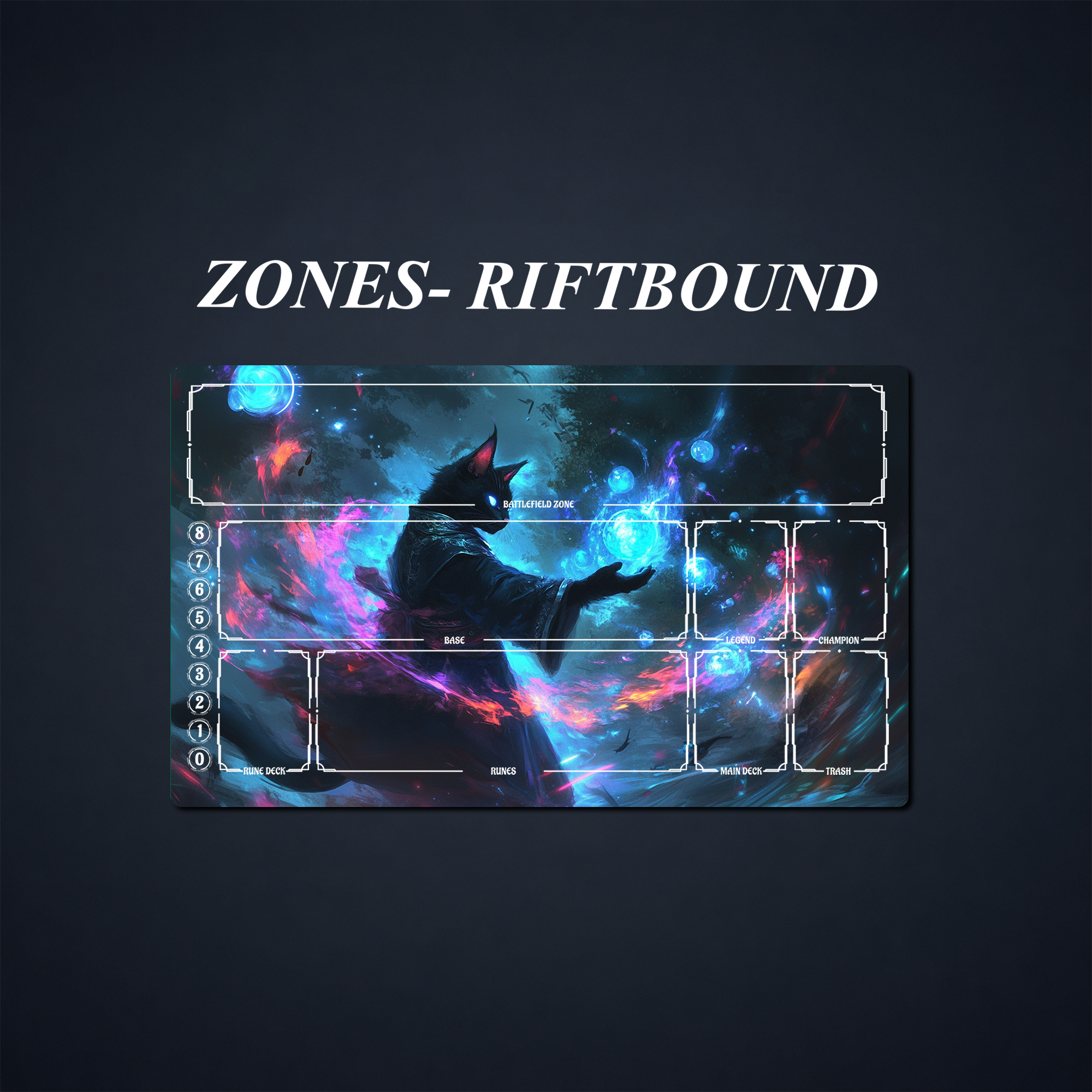 Fantasy playmat with labeled game zones, including battlefield, base, legend, champion, rune deck, runes, main deck, and trash