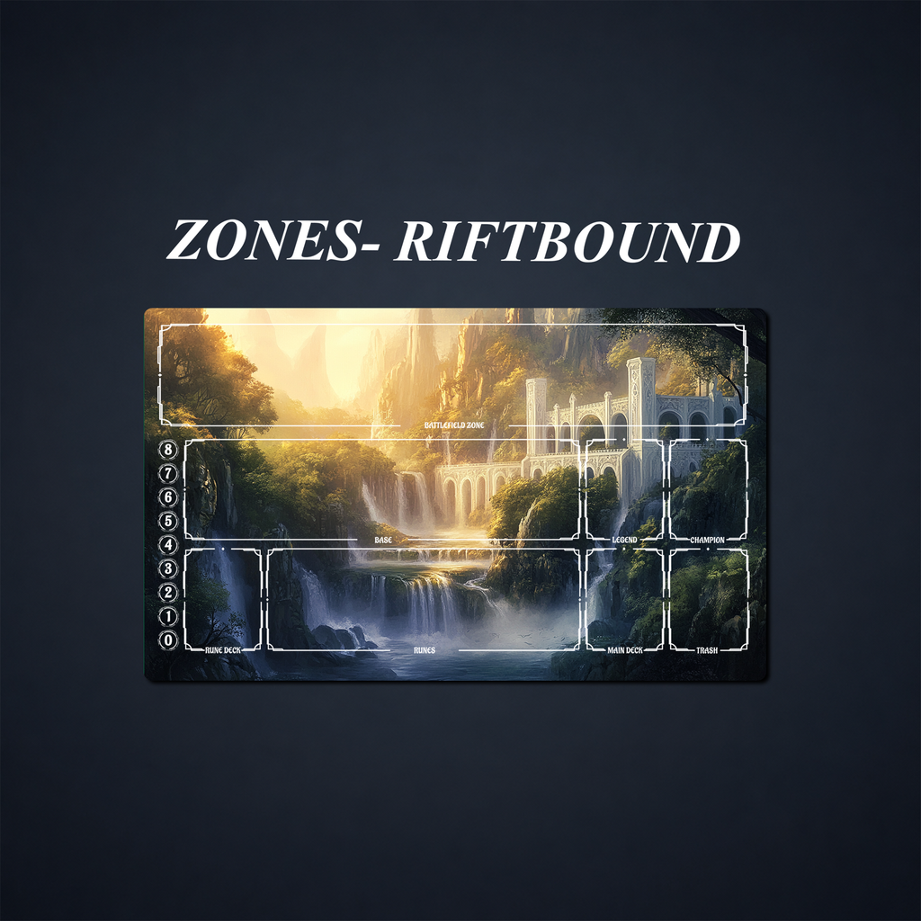 Rivendell-inspired playmat with labeled zones for battlefield, base, legend, champion, rune deck, runes, main deck, and trash