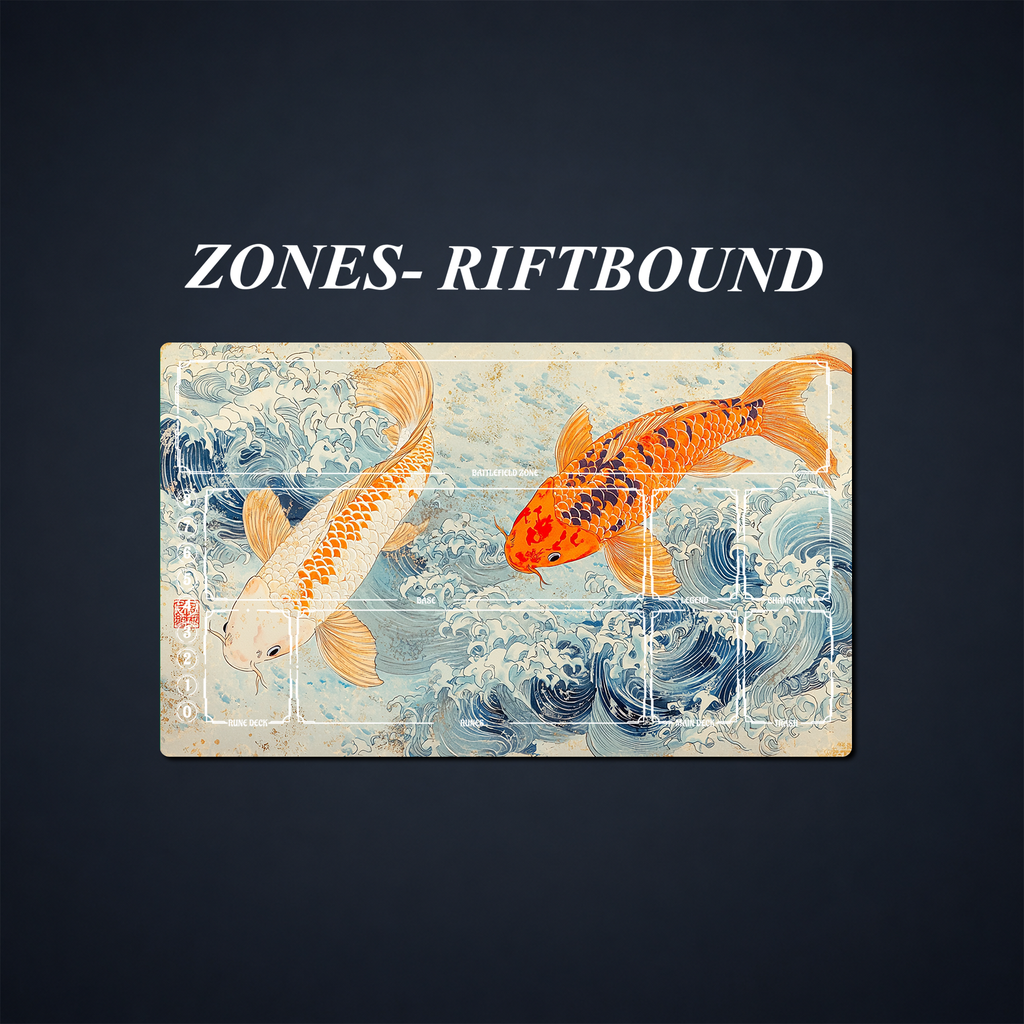 Koi and wave playmat overlaid with labeled zones and Riftbound-style layout references