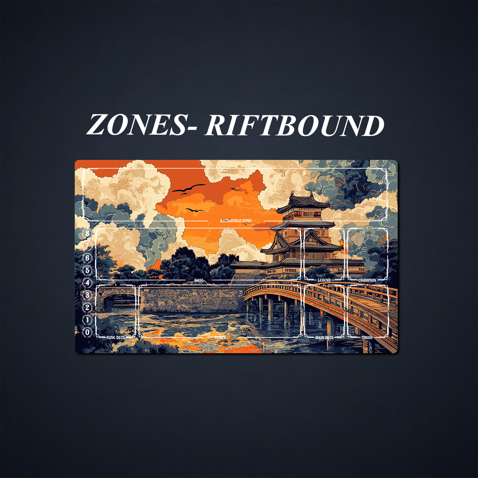 Japanese castle bridge artwork with labeled Riftbound-style play zones