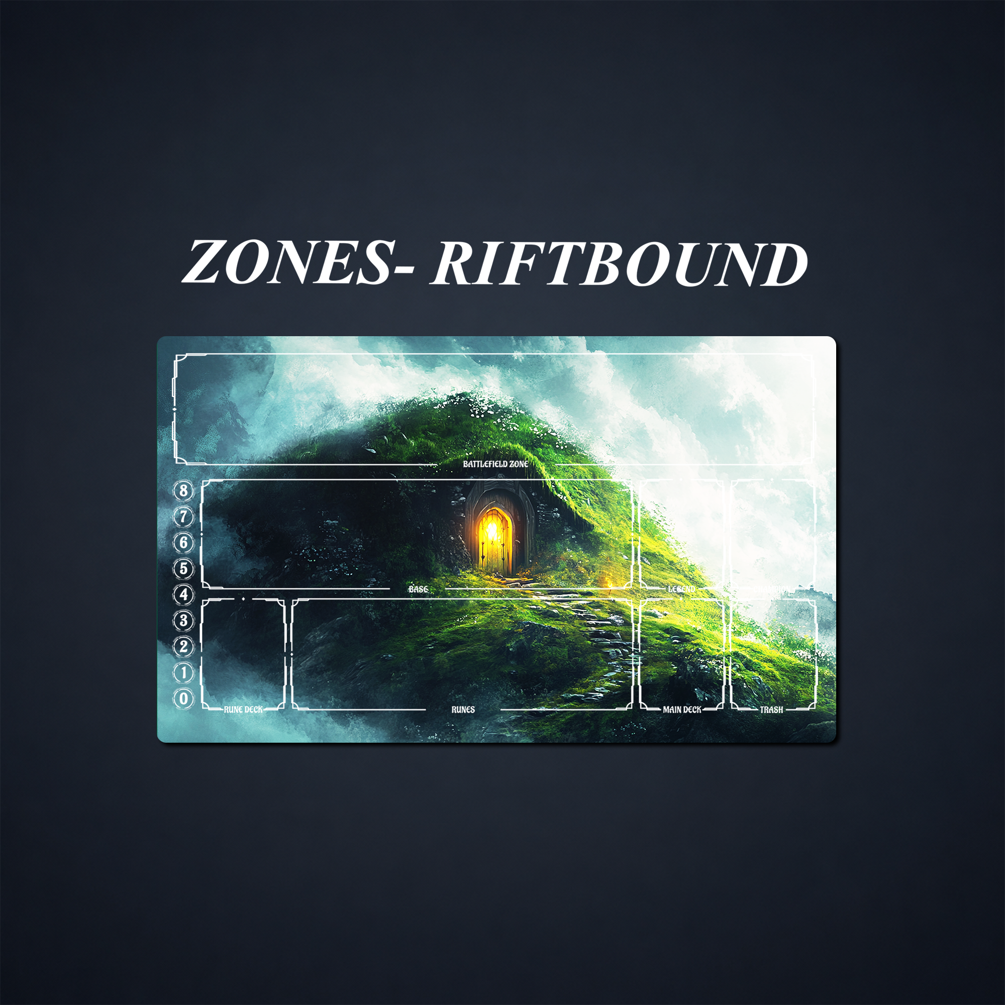 Fantasy playmat with labeled play zones and a glowing doorway landscape design