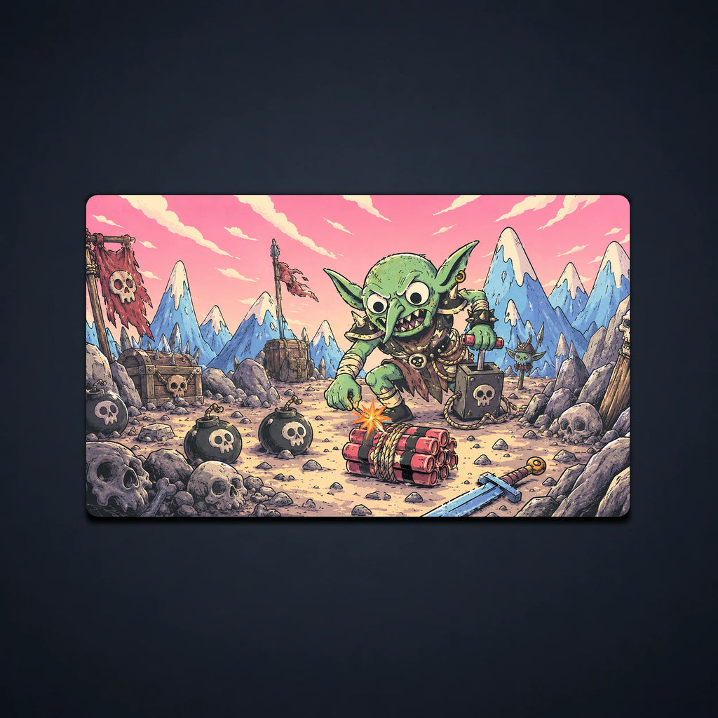 Full view of the colorful goblin demolition battlefield artwork on the rectangular playmat