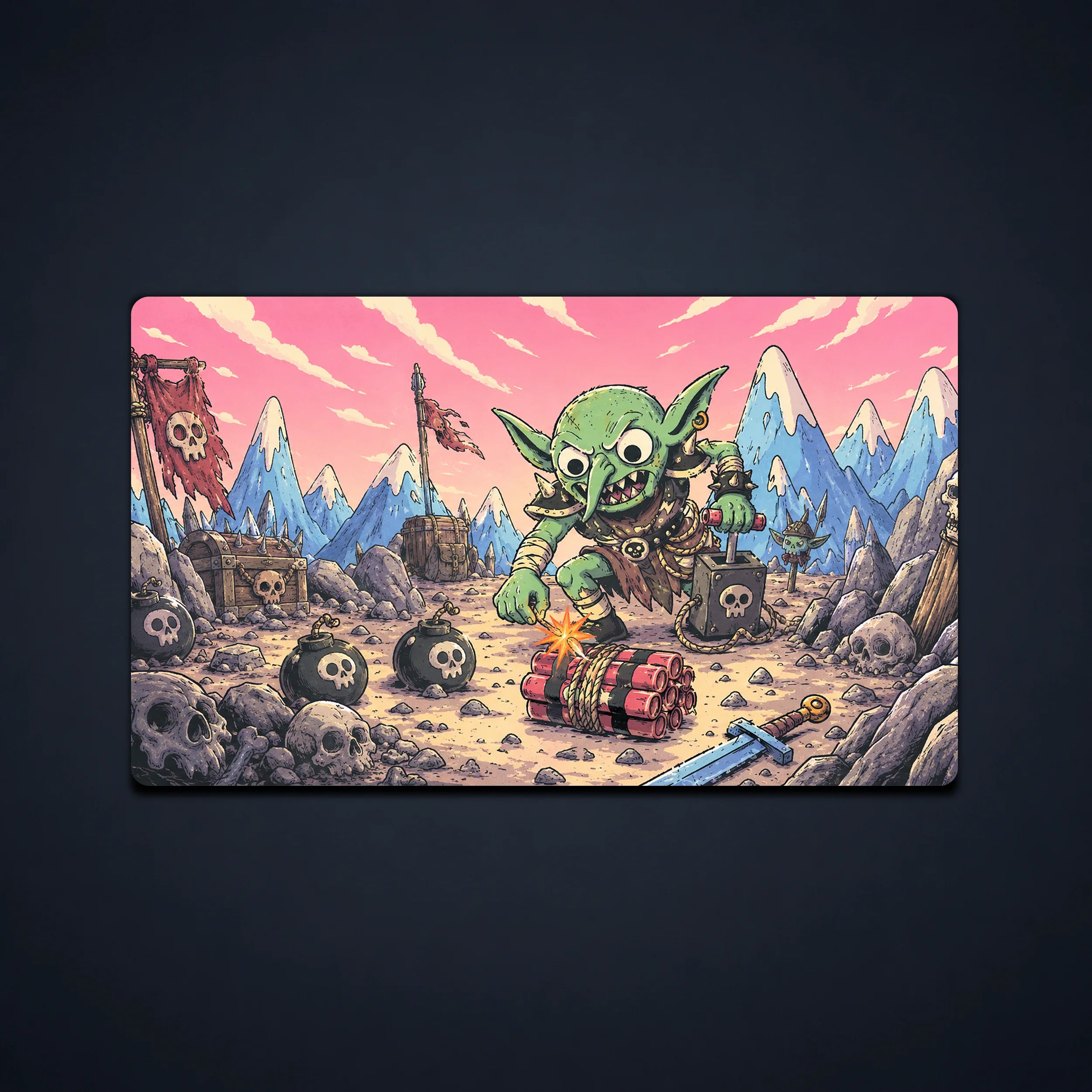 Full view of the colorful goblin demolition battlefield artwork on the rectangular playmat