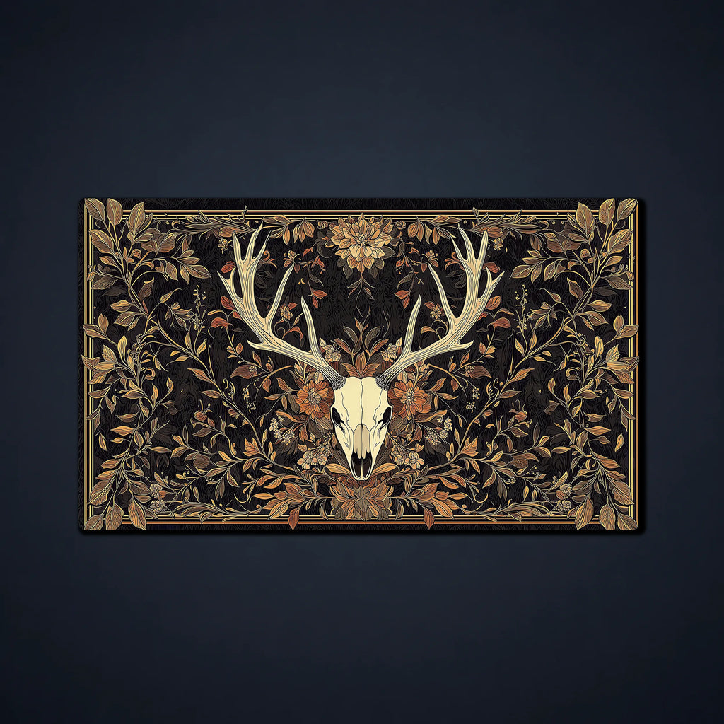 MTG playmat featuring a deer skull with antlers surrounded by dark autumn leaves and ornate florals, a gothic playmat for TCG and Commander games.