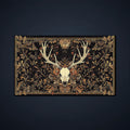 MTG playmat featuring a deer skull with antlers surrounded by dark autumn leaves and ornate florals, a gothic playmat for TCG and Commander games.