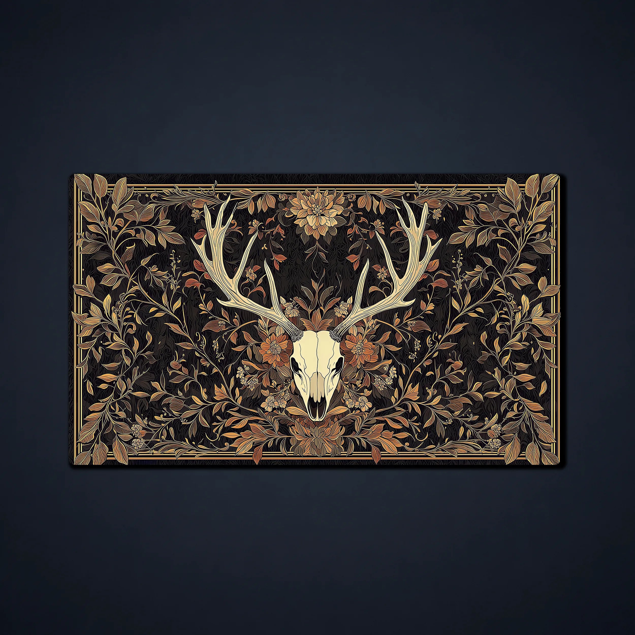 MTG playmat featuring a deer skull with antlers surrounded by dark autumn leaves and ornate florals, a gothic playmat for TCG and Commander games.