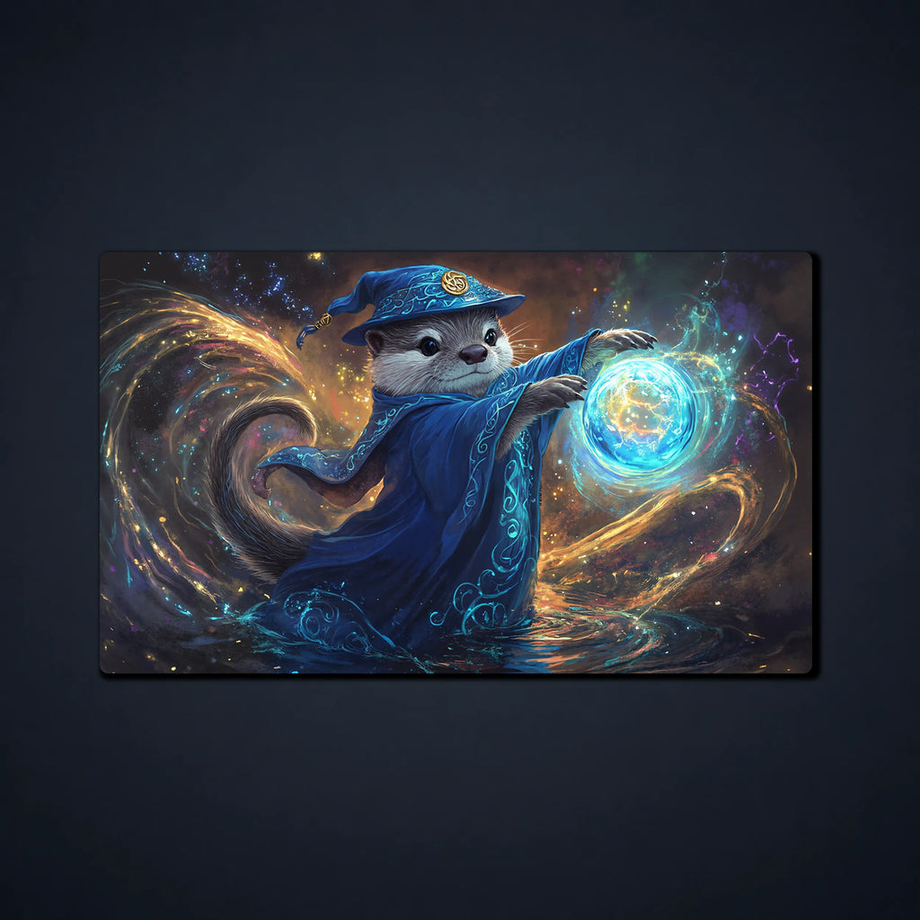 MTG playmat featuring a cute otter wizard in blue robes casting a glowing magical orb, a colorful fantasy otter playmat for TCG and Commander games.
