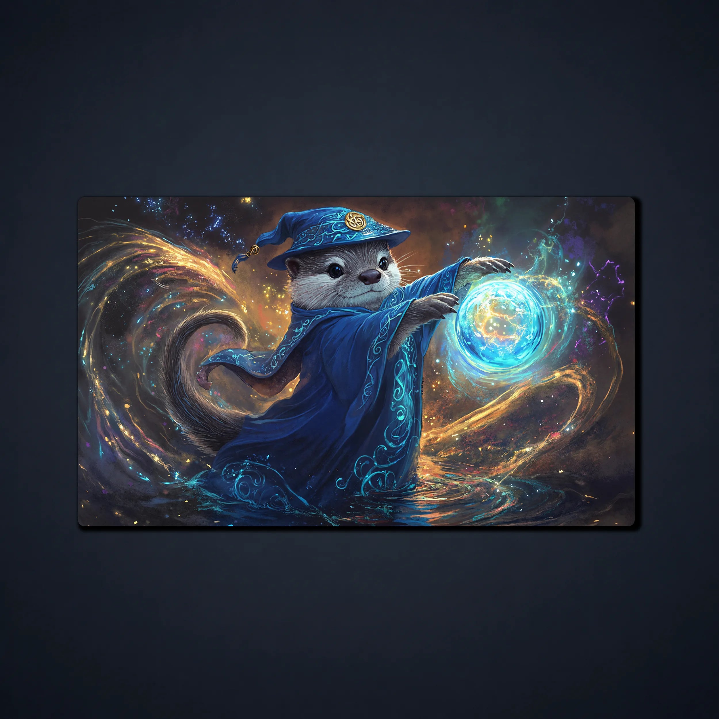 MTG playmat featuring a cute otter wizard in blue robes casting a glowing magical orb, a colorful fantasy otter playmat for TCG and Commander games.