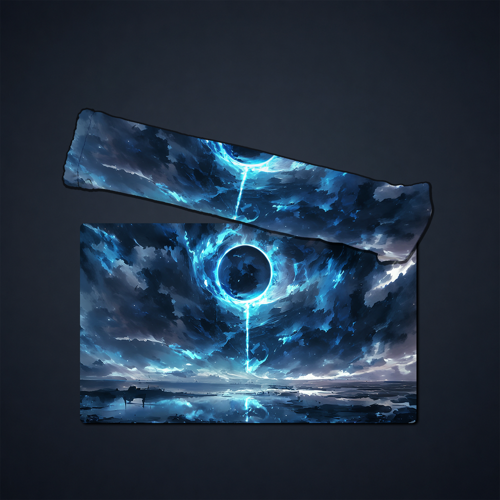 Blue orb landscape playmat shown rolled at one end beside its flat printed surface