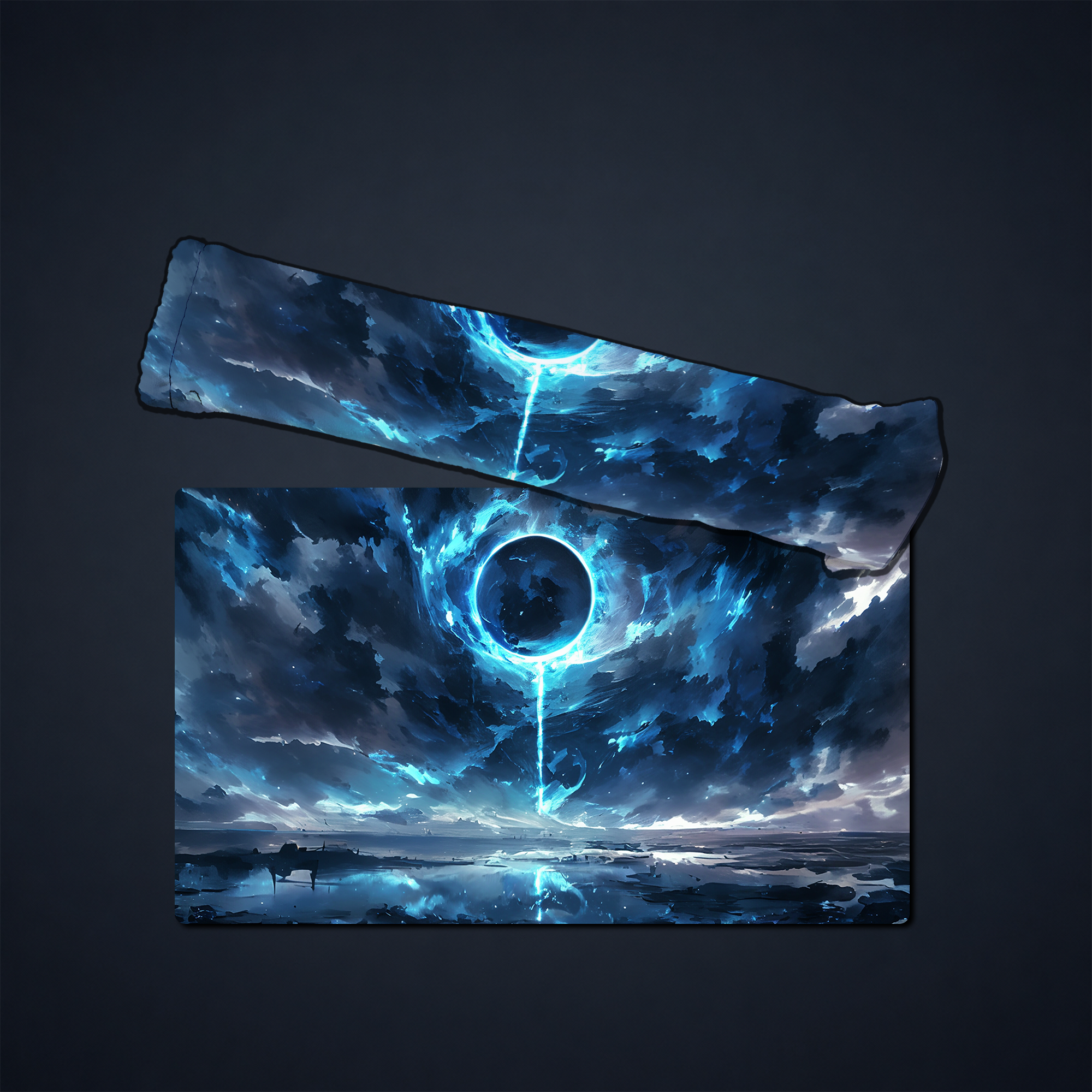 Blue orb landscape playmat shown rolled at one end beside its flat printed surface