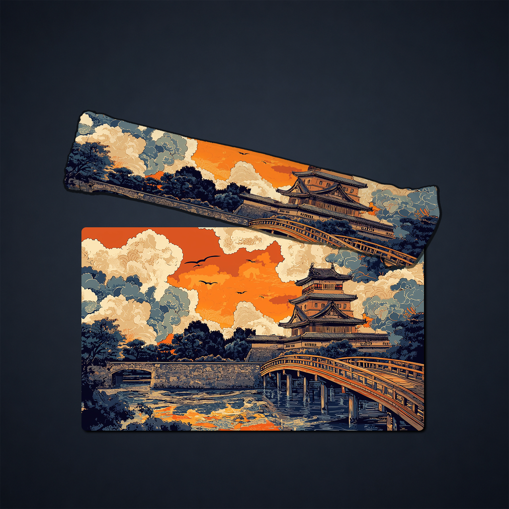 Playmat artwork shown beside a rolled version, featuring a Japanese castle, bridge, and orange sky