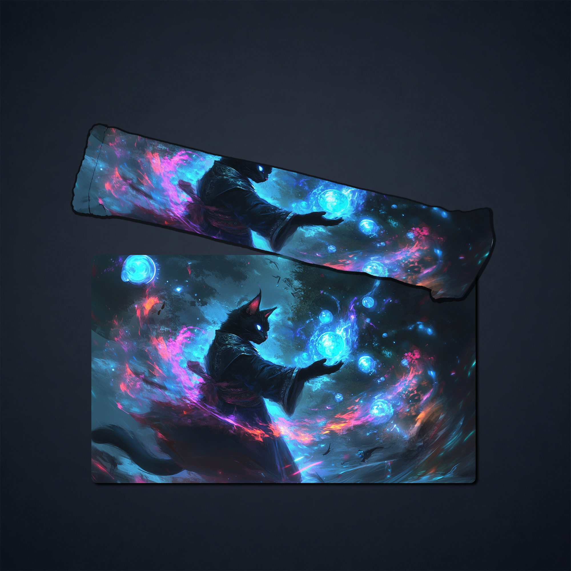 Artwork-only fantasy cat spellcaster playmat shown with a rolled view above the flat mat