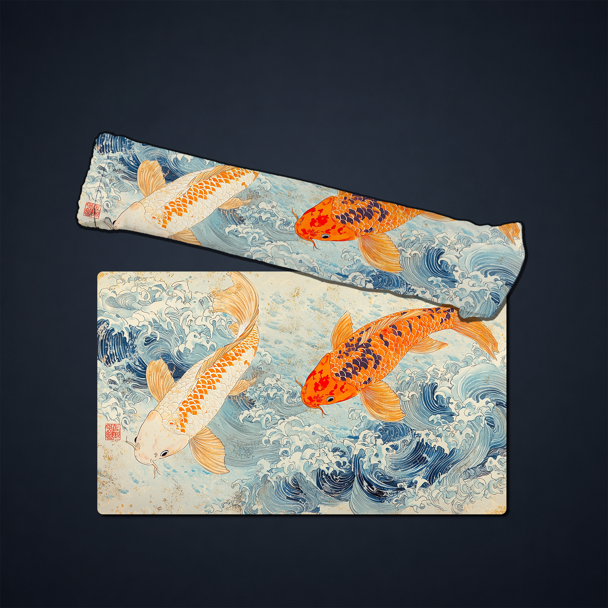 Koi wave playmat shown with a matching rolled storage pouch presentation