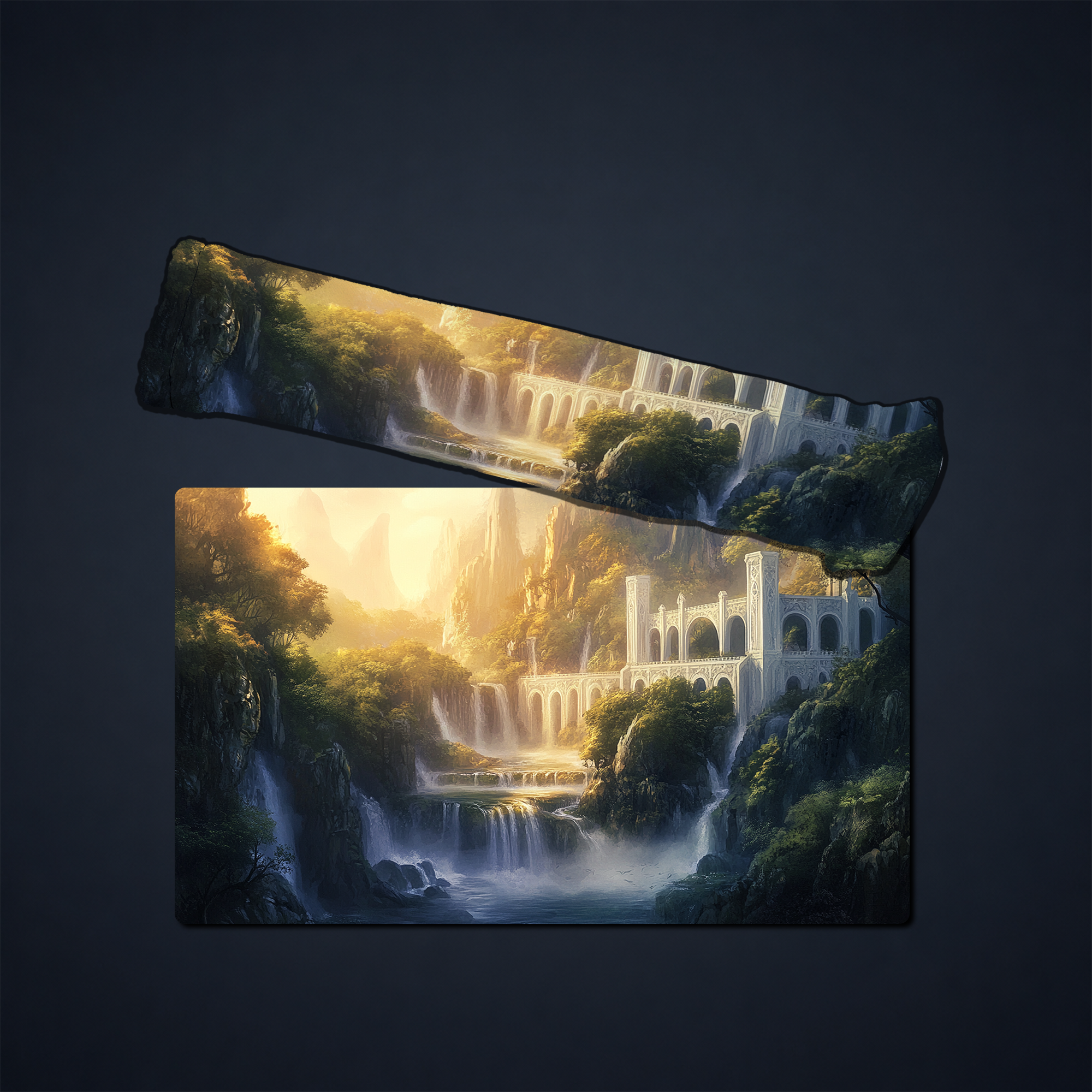 Rivendell-inspired fantasy playmat shown flat and rolled, featuring waterfalls, forested cliffs, and white arched architecture