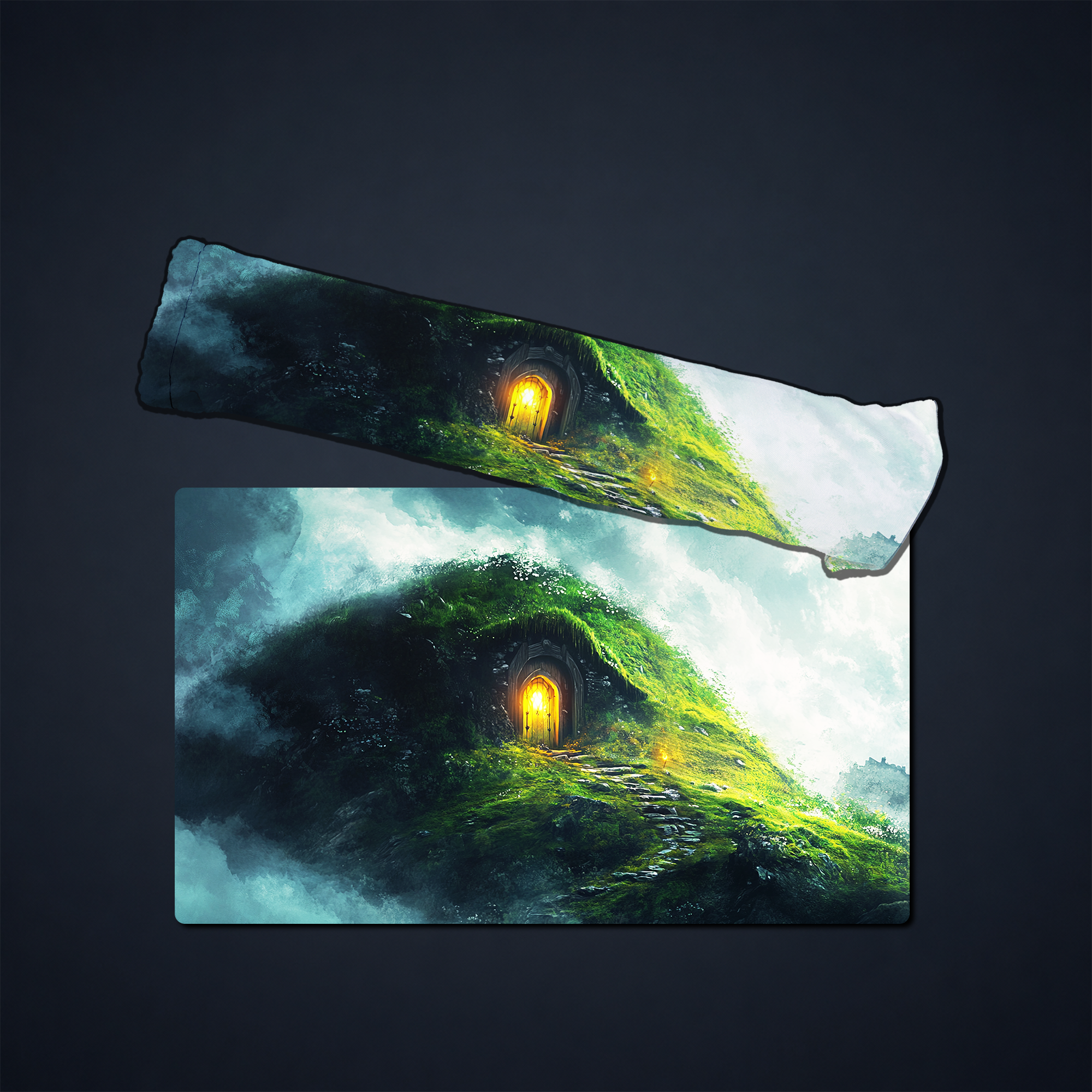 Fantasy hillside doorway playmat shown flat and rolled to display its flexible cloth form